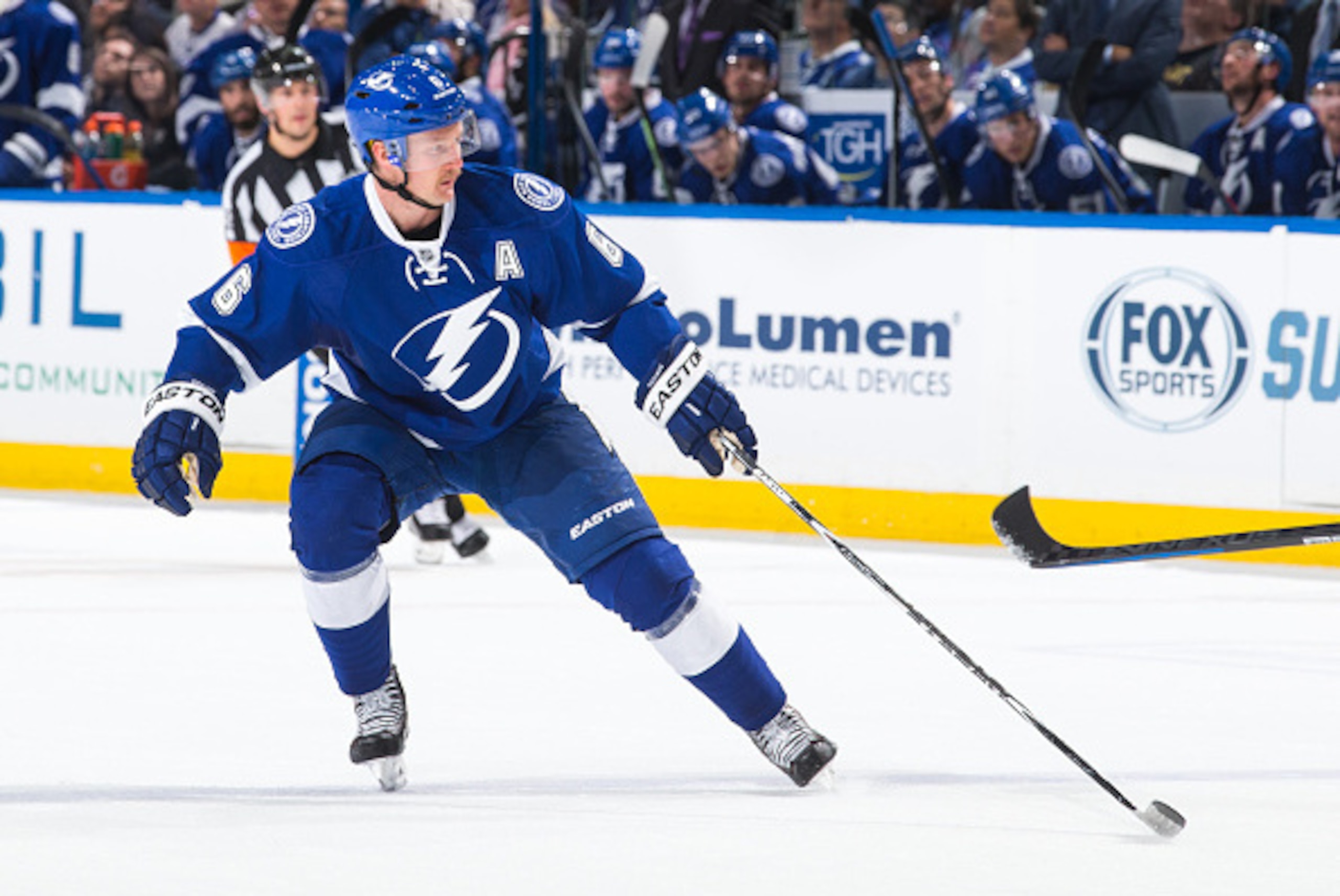 TAMPA, FL - NOVEMBER 26: Anton Stralman #6 of the Tampa Bay Lightning skates against the New York Rangers at the Amalie Arena on November 26, 2014 in Tampa, Florida.  (Photo by Scott Audette/NHLI via Getty Images)