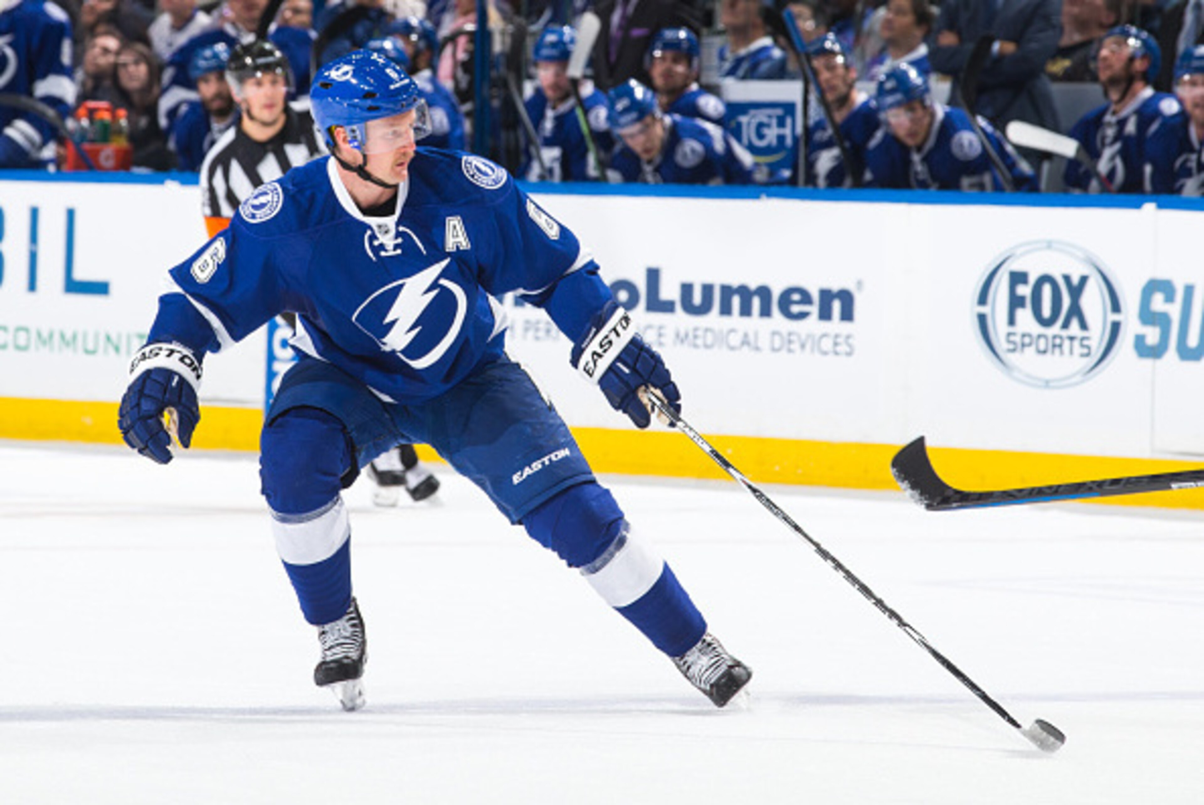 TAMPA, FL - NOVEMBER 26: Anton Stralman #6 of the Tampa Bay Lightning skates against the New York Rangers at the Amalie Arena on November 26, 2014 in Tampa, Florida.  (Photo by Scott Audette/NHLI via Getty Images)