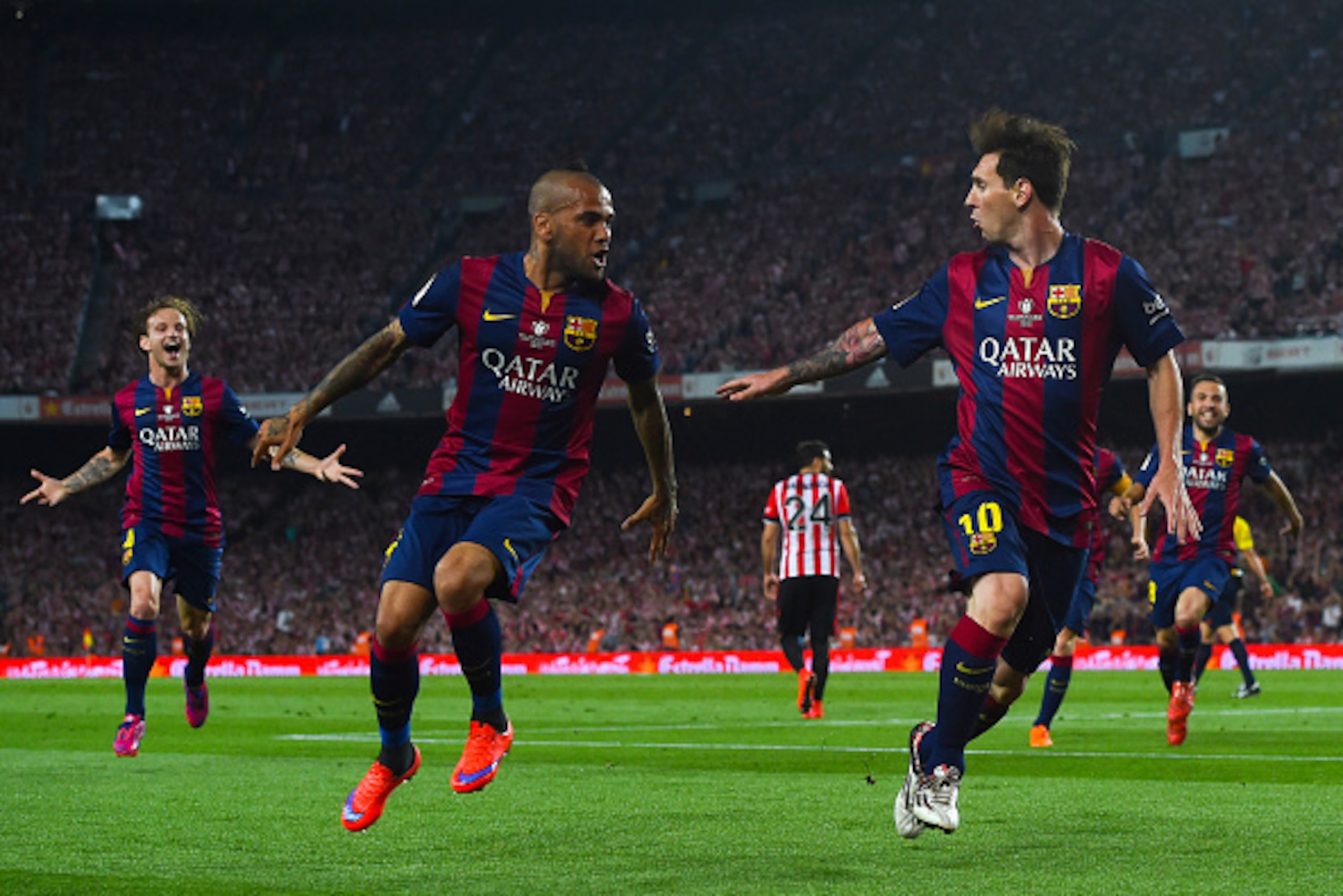 BARCELONA, SPAIN - MAY 30:  Lionel Messi (R) of FC Barcelona celebrates after scoring the opening goal during the Copa del Rey Final match between FC Barcelona and Athletic Club at Camp Nou on May 30, 2015 in Barcelona, Spain.  (Photo by David Ramos/Getty