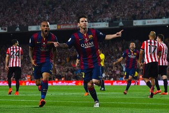 BARCELONA, SPAIN - MAY 30:  Lionel Messi of FC Barcelona celebrates after scoring the opening goal during the Copa del Rey Final match between FC Barcelona and Athletic Club at Camp Nou on May 30, 2015 in Barcelona, Spain.  (Photo by David Ramos/Getty Ima