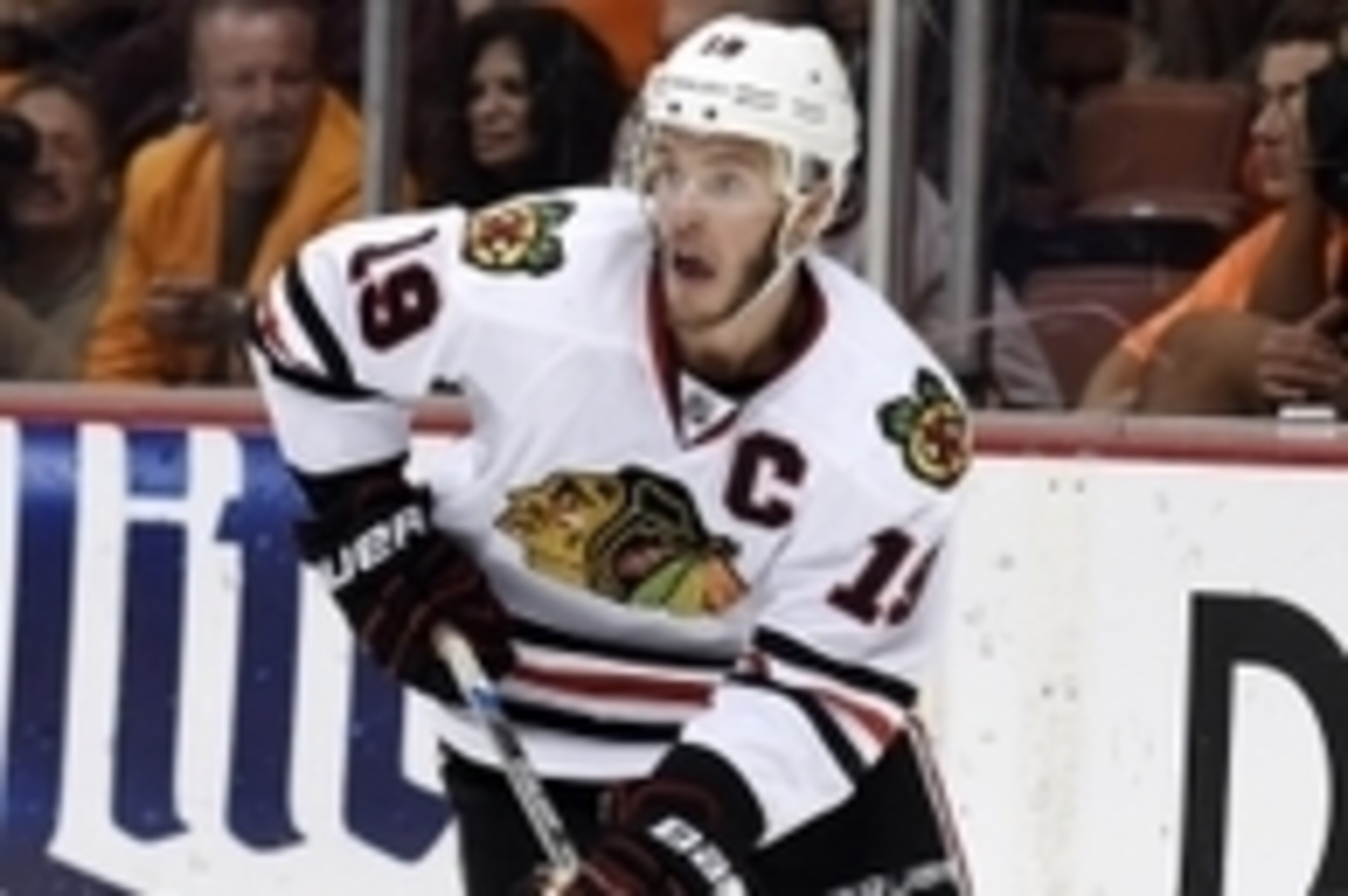 May 30, 2015; Anaheim, CA, USA; Chicago Blackhawks center Jonathan Toews (19) controls the puck against the Anaheim Ducks in the third period in game seven of the Western Conference Final of the 2015 Stanley Cup Playoffs at Honda Center. Mandatory Credit: