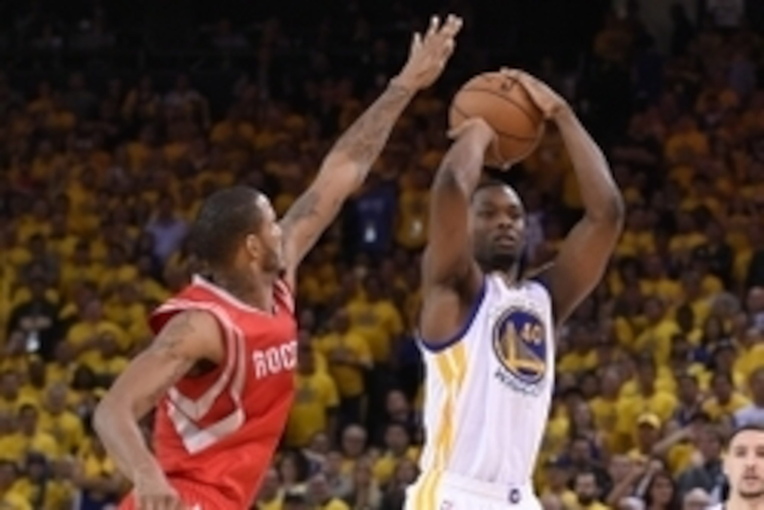 May 27, 2015; Oakland, CA, USA; Golden State Warriors forward Harrison Barnes (40) shoots over Houston Rockets forward Trevor Ariza (1) during the fourth quarter in game five of the Western Conference Finals of the NBA Playoffs. at Oracle Arena. Mandatory May 27, 2015; Oakland, CA, USA; Golden State Warriors forward Harrison Barnes (40) shoots over Houston Rockets forward Trevor Ariza (1) during the fourth quarter in game five of the Western Conference Finals of the NBA Playoffs. at Oracle Arena. Mandatory