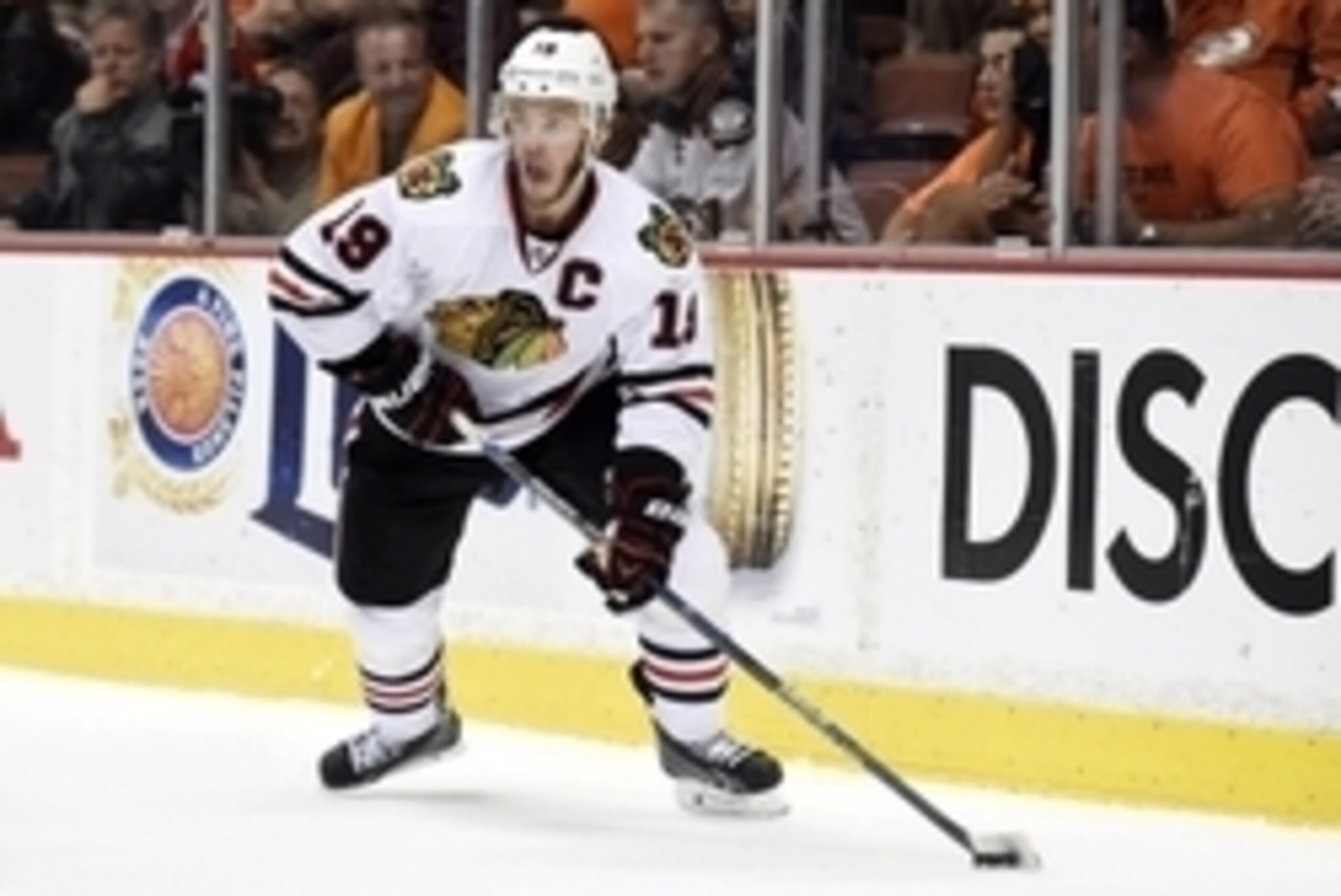 May 30, 2015; Anaheim, CA, USA; Chicago Blackhawks center Jonathan Toews (19) controls the puck against the Anaheim Ducks in the third period in game seven of the Western Conference Final of the 2015 Stanley Cup Playoffs at Honda Center. Mandatory Credit: