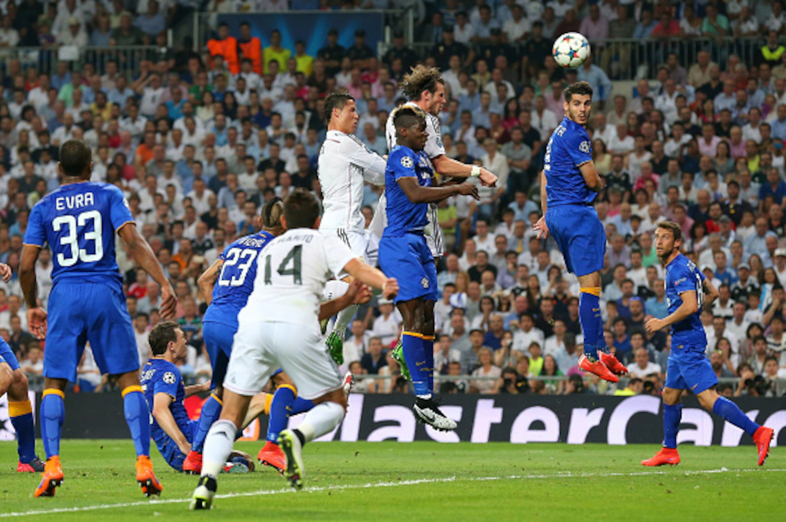 MADRID, SPAIN - MAY 13: Gareth Bale and Cristiano Ronaldo of Real Madrid CF both jump for the same header on goal during the UEFA Champions League Semi Final second leg match between Real Madrid CF and Juventus at Estadio Santiago Bernabeu on May 13, 201 MADRID, SPAIN - MAY 13: Gareth Bale and Cristiano Ronaldo of Real Madrid CF both jump for the same header on goal during the UEFA Champions League Semi Final second leg match between Real Madrid CF and Juventus at Estadio Santiago Bernabeu on May 13, 201
