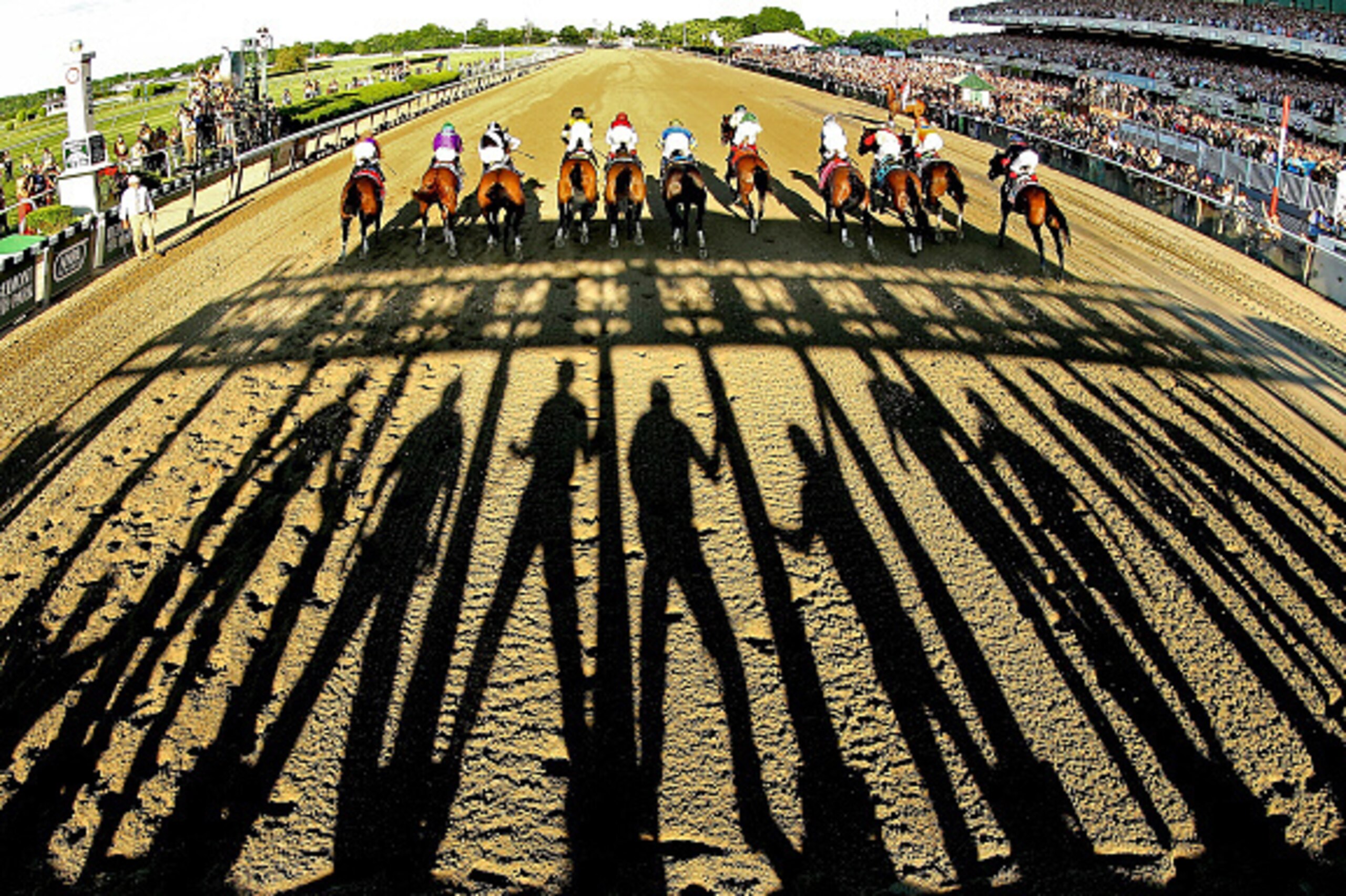 ELMONT, NY - JUNE 07:  The field starts the 146th running of the Belmont Stakes at Belmont Park on June 7, 2014 in Elmont, New York. (Photo by Al Bello/Getty Images)