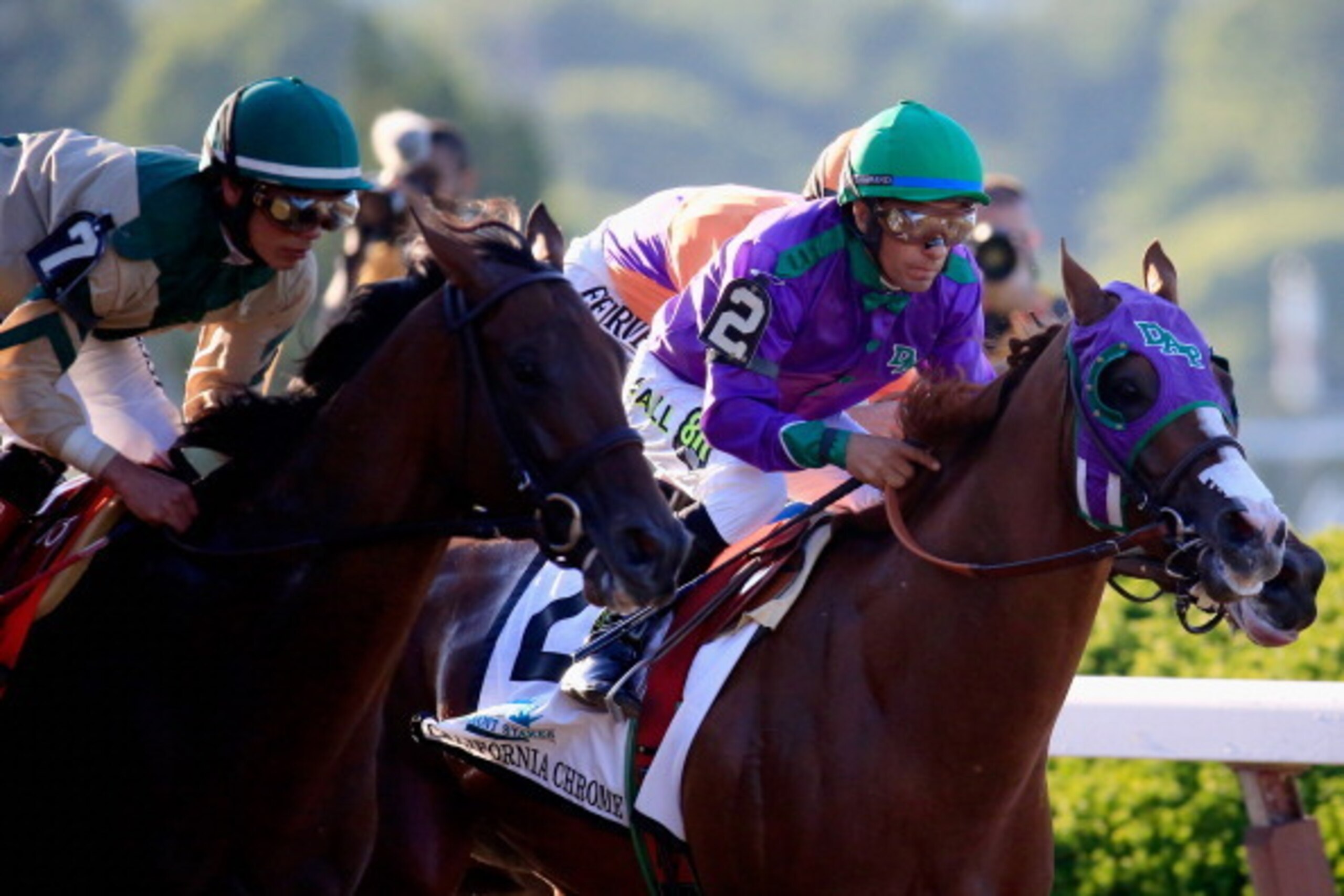 ELMONT, NY - JUNE 07:  California Chrome #2, ridden by Victor Espinoza, breaks from the gate during the 146th running of the Belmont Stakes at Belmont Park on June 7, 2014 in Elmont, New York.  (Photo by Rob Carr/Getty Images)