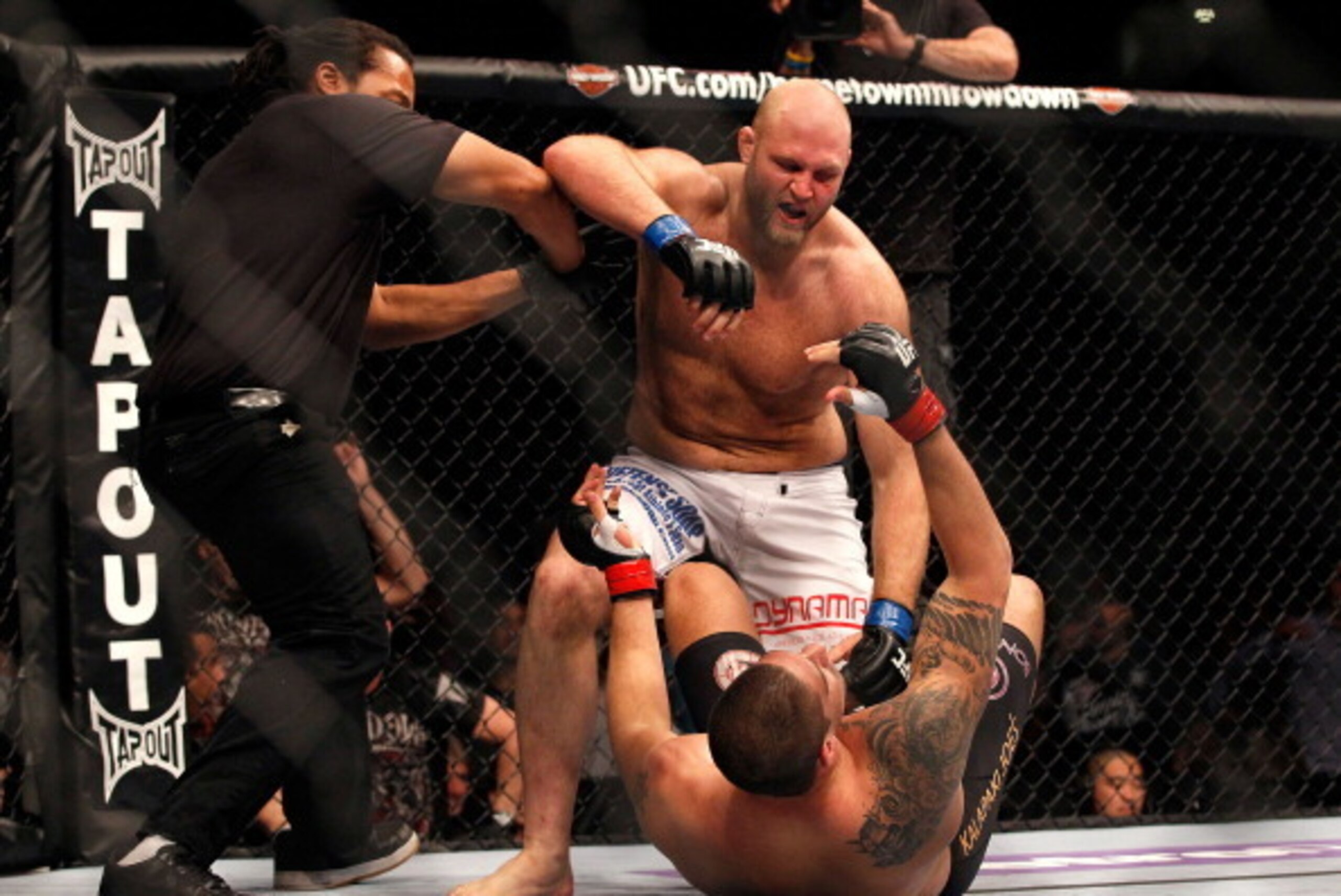 ATLANTA, GA - APRIL 21:  The official stops the fight as Ben Rothwell defeats Brendan Schaub in a knockout during their heavyweight bout for UFC 145 at Philips Arena on April 21, 2012 in Atlanta, Georgia.  (Photo by Kevin C. Cox/Getty Images)