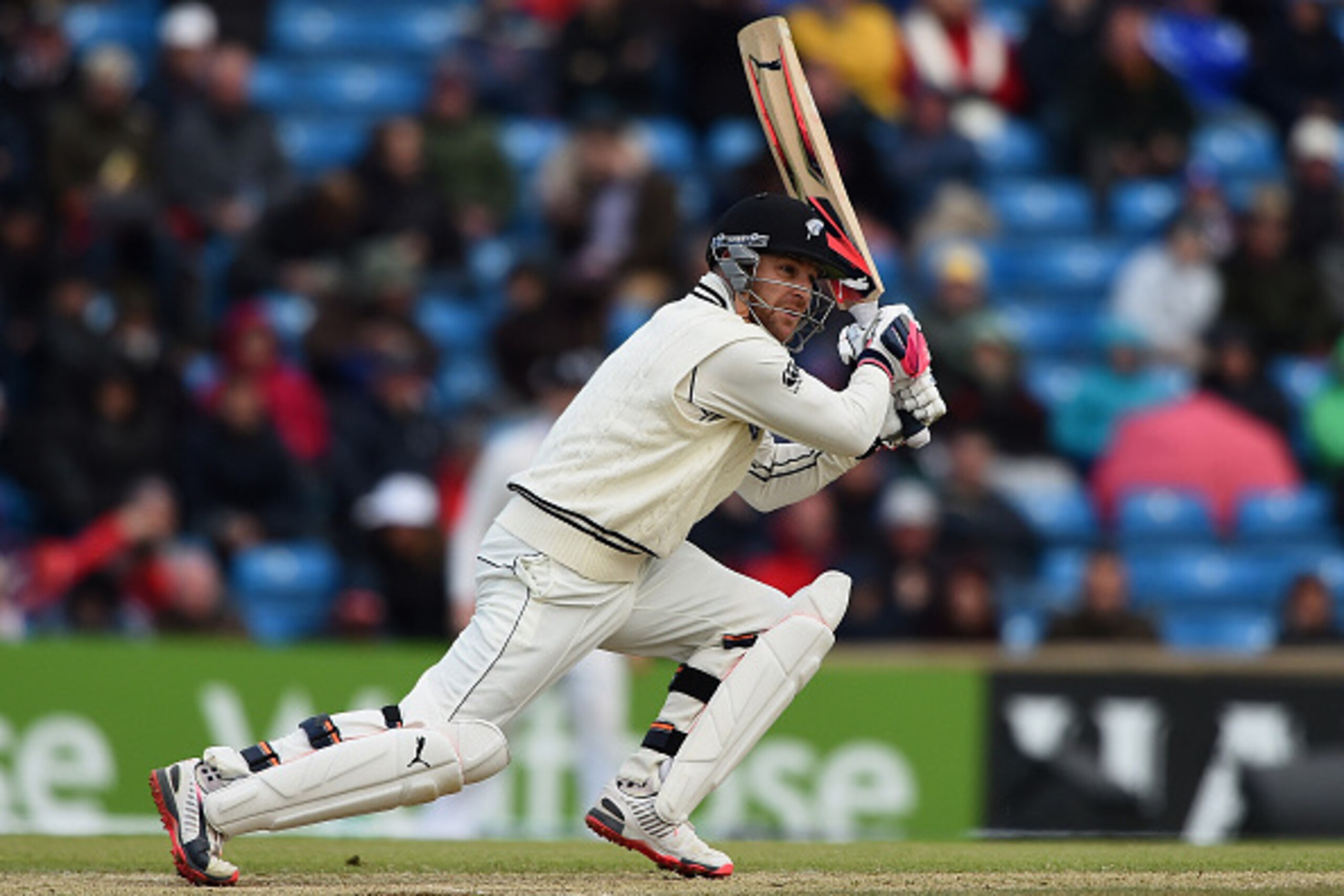 LEEDS, ENGLAND - MAY 31:  Brendon McCullum of New Zealand hits out to the boundary during day three of the 2nd Investec Test Match between England and New Zealand  at Headingley on May 31, 2015 in Leeds, England.  (Photo by Laurence Griffiths/Getty Images