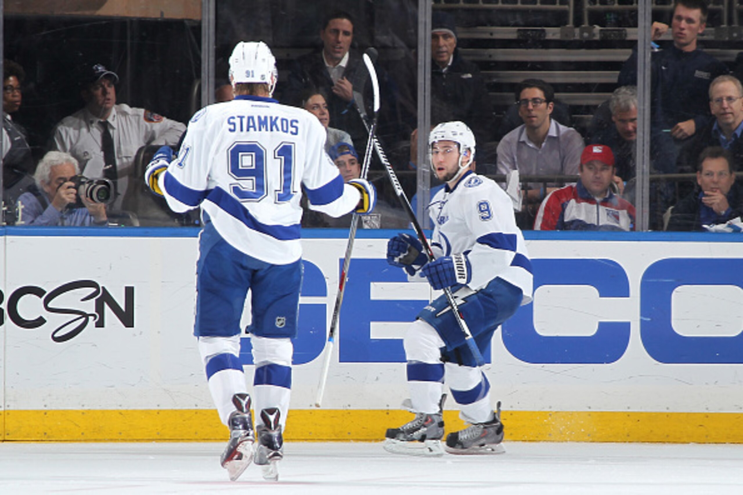 NEW YORK, NY - MAY 18: Tyler Johnson #9 and Steven Stamkos #91 of the Tampa Bay Lightning celebrate after a first period goal against the New York Rangers in Game Two of the Eastern Conference Final during the 2015 NHL Stanley Cup Playoffs at Madison Squ NEW YORK, NY - MAY 18: Tyler Johnson #9 and Steven Stamkos #91 of the Tampa Bay Lightning celebrate after a first period goal against the New York Rangers in Game Two of the Eastern Conference Final during the 2015 NHL Stanley Cup Playoffs at Madison Squ