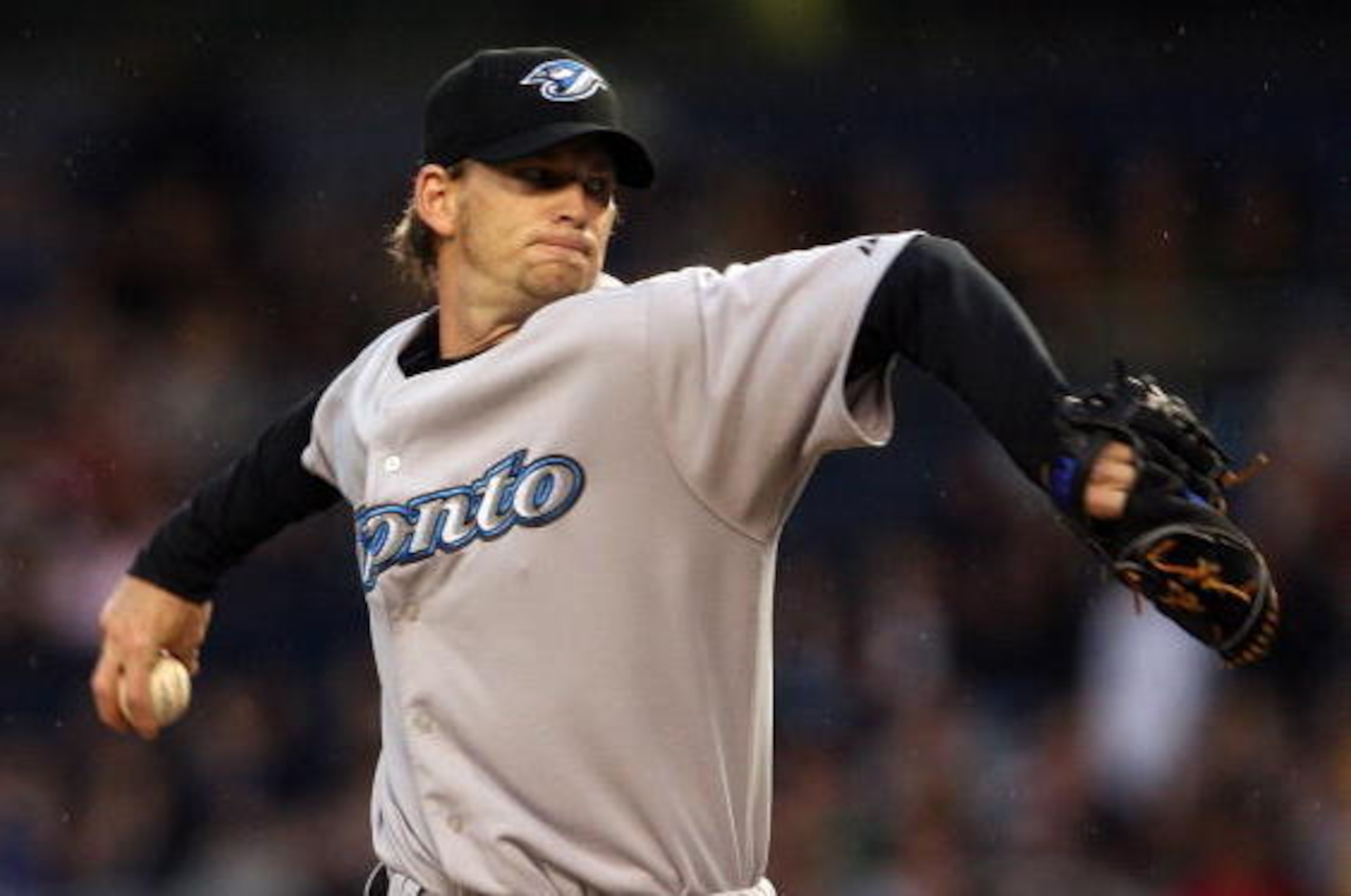 NEW YORK - APRIL 26:  A.J. Burnett #34 of the Toronto Blue Jays pitches against the New York Yankees on April 26, 2007 at Yankee Stadium in the Bronx borough of New York City.  (Photo by Nick Laham/Getty Images)