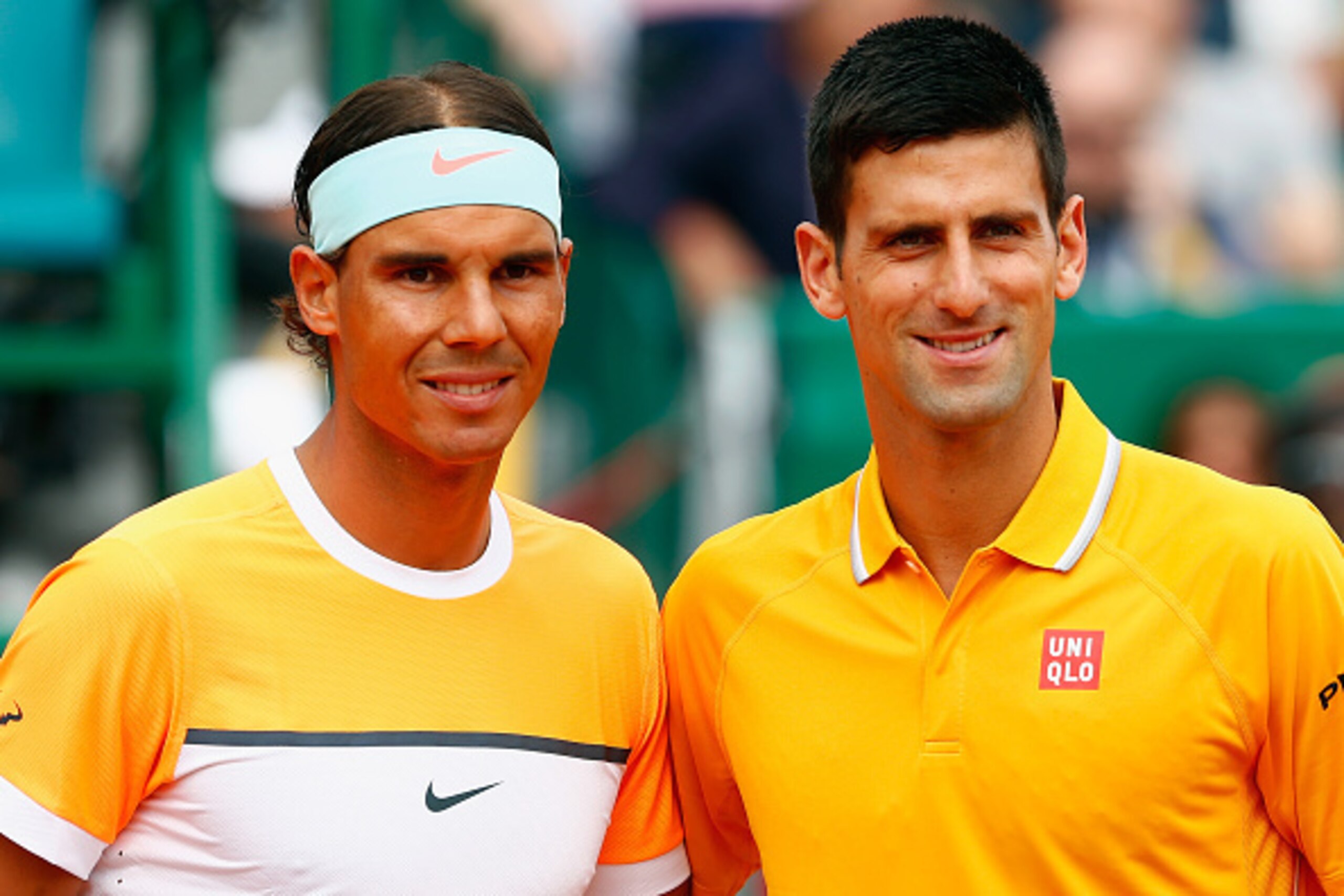 MONTE-CARLO, MONACO - APRIL 18:  Novak Djokovic of Serbia poses for a photo next to Rafael Nadal of Spain in the semi finals during day seven of the Monte Carlo Rolex Masters tennis at the Monte-Carlo Sporting Club on April 18, 2015 in Monte-Carlo, Monaco