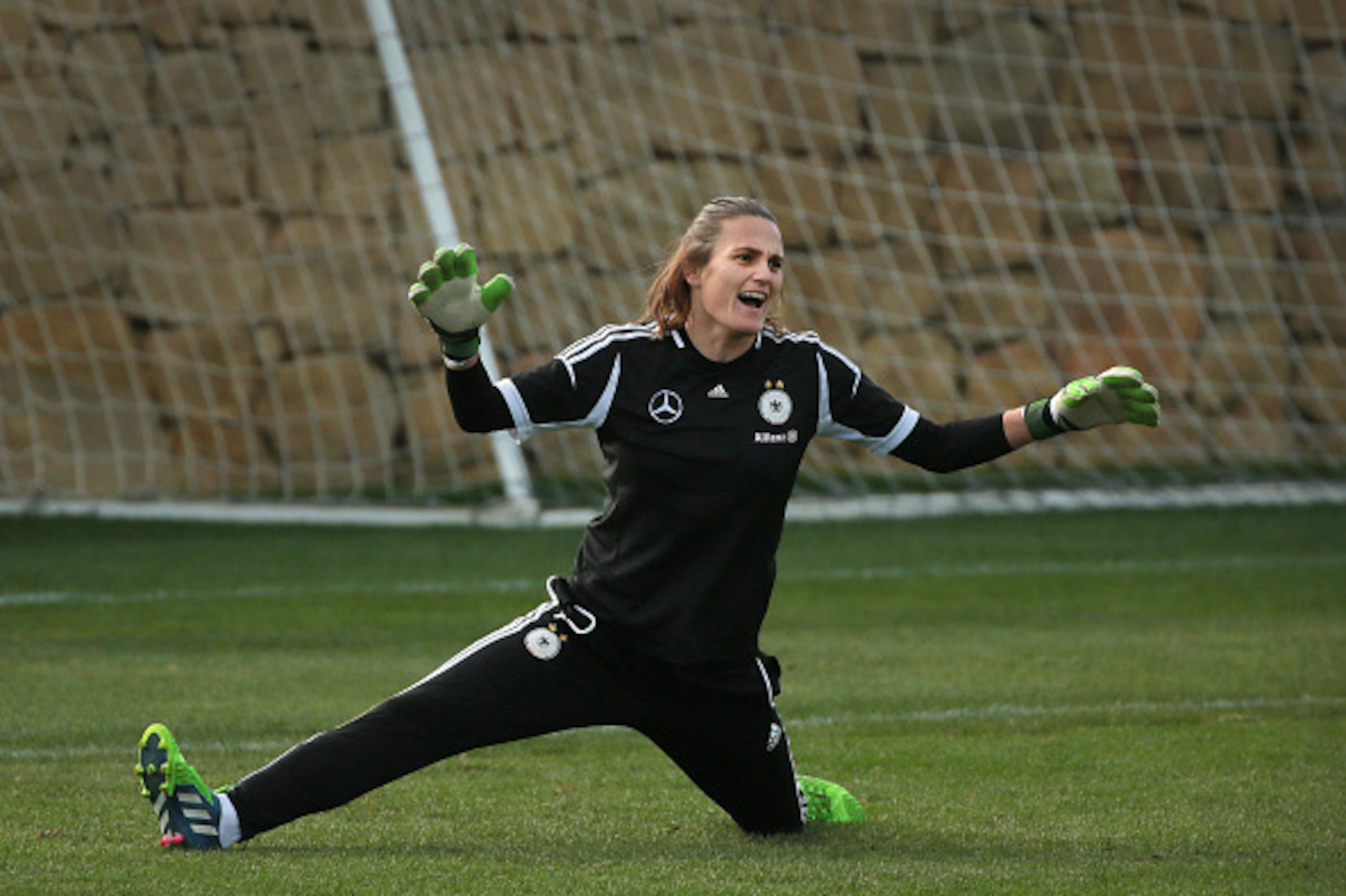 MARBELLA, SPAIN - FEBRUARY 09:  Goalkeeper Nadine Angerer reacts during a Germany Women's Training Session at Marbella Football Center on February 9, 2015 in Marbella, Spain.  (Photo by Sergio Camacho/Getty Images)