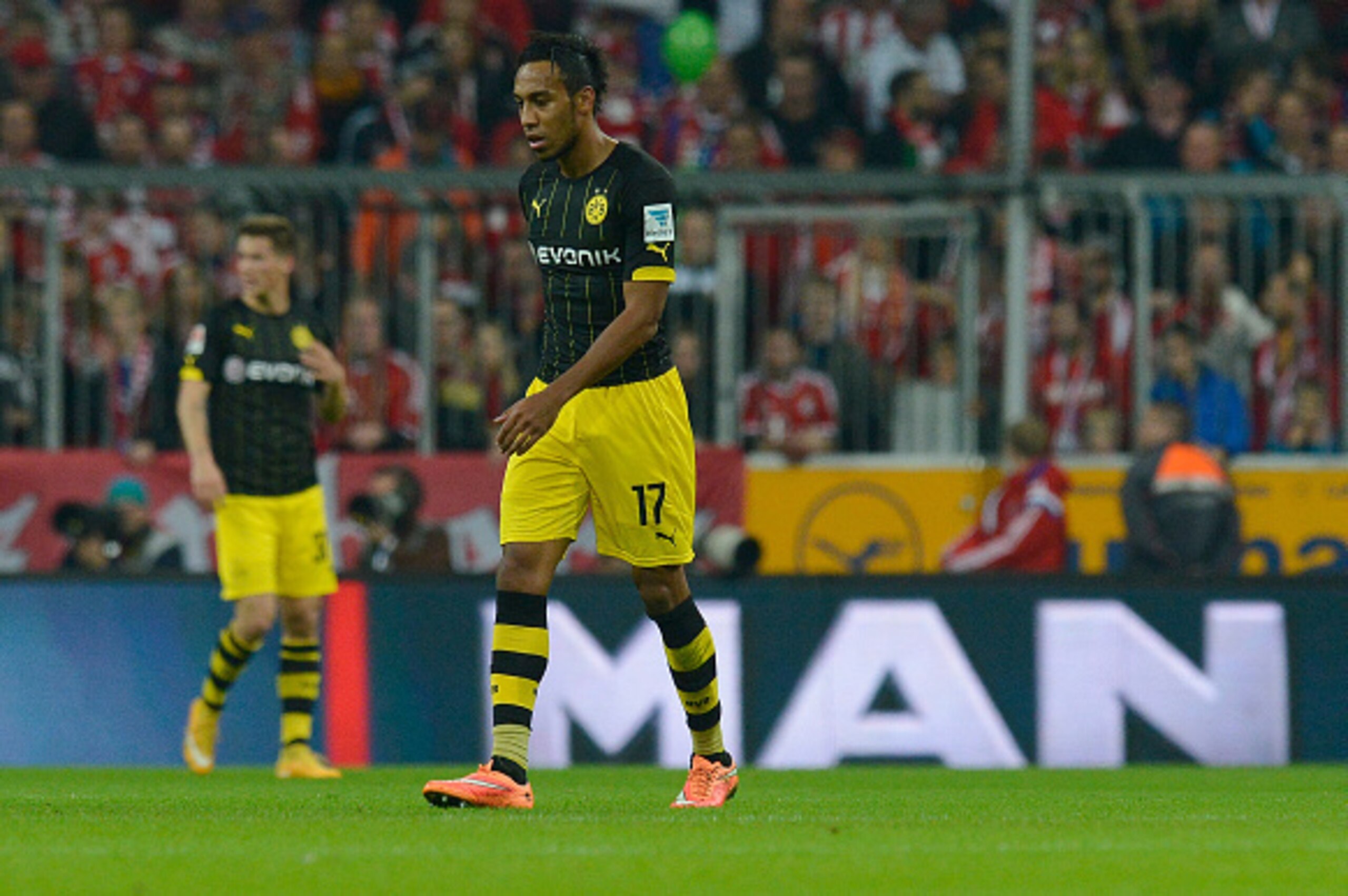 MUNICH, GERMANY - NOVEMBER 01: Pierre-Emerick Aubameyang of Dortmund reacts during the Bundesliga match between FC Bayern Muenchen and Borussia Dortmund at Allianz Arena on November 1, 2014 in Munich, Germany.  (Photo by Daniel Kopatsch/Getty Images for M