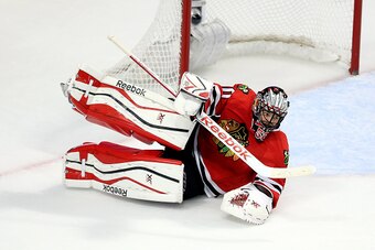 CHICAGO, IL - MAY 27:  Corey Crawford #50 of the Chicago Blackhawks falls down in Game Six of the Western Conference Finals against the Anaheim Ducks during the 2015 NHL Stanley Cup Playoffs at the United Center on May 27, 2015 in Chicago, Illinois.  (Pho