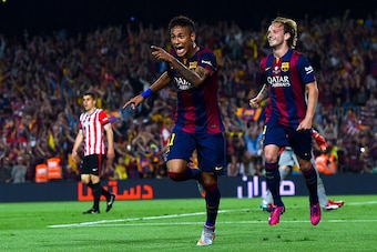 BARCELONA, SPAIN - MAY 30:  Neymar of FC Barcelona celebrates after scoring his team's second goal during the Copa del Rey Final match between FC Barcelona and Athletic Club at Camp Nou on May 30, 2015 in Barcelona, Spain.  (Photo by David Ramos/Getty Ima