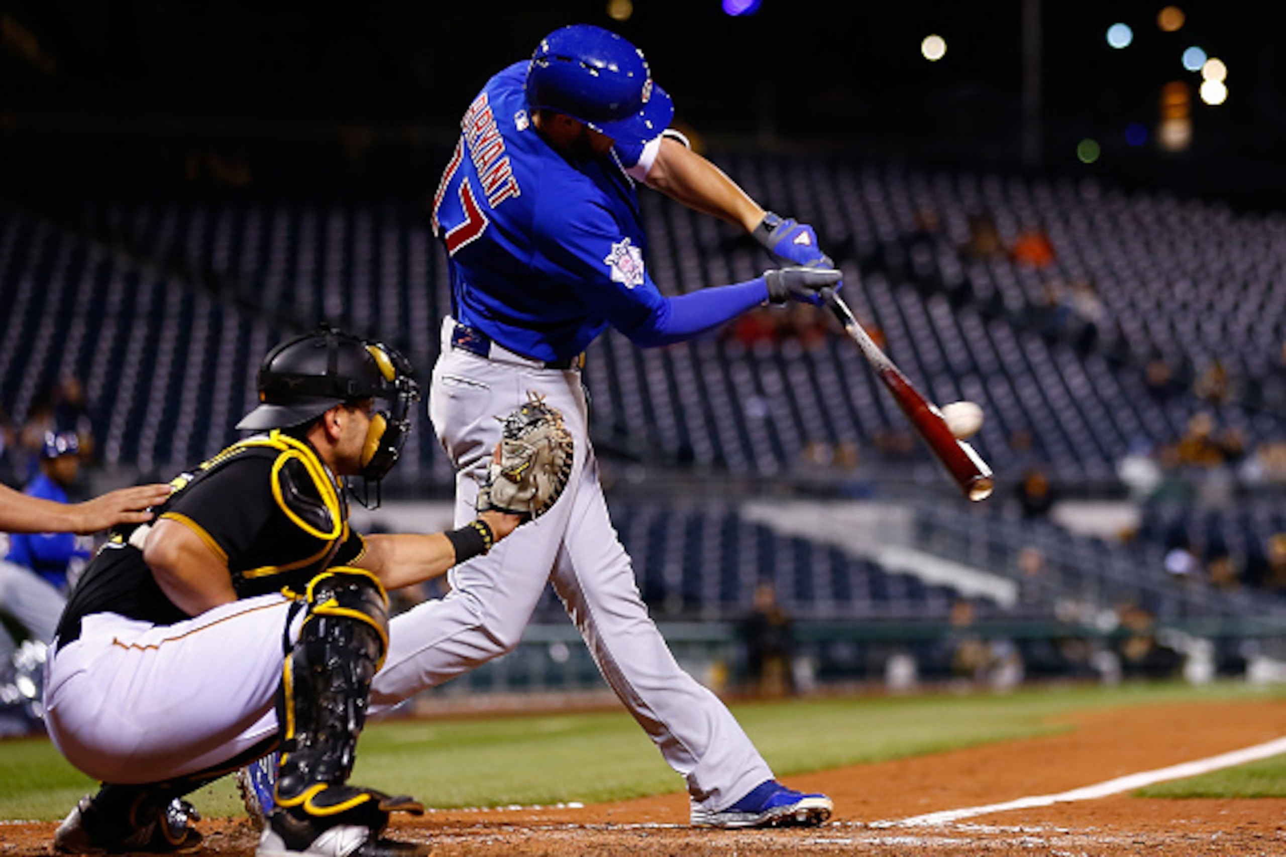 PITTSBURGH, PA - APRIL 20: Kris Bryant #17 of the Chicago Cubs hits an RBI single in the fifth inning against the Pittsburgh Pirates during the game at PNC Park on April 20, 2015 in Pittsburgh, Pennsylvania. (Photo by Jared Wickerham/Getty Images) PITTSBURGH, PA - APRIL 20: Kris Bryant #17 of the Chicago Cubs hits an RBI single in the fifth inning against the Pittsburgh Pirates during the game at PNC Park on April 20, 2015 in Pittsburgh, Pennsylvania. (Photo by Jared Wickerham/Getty Images)
