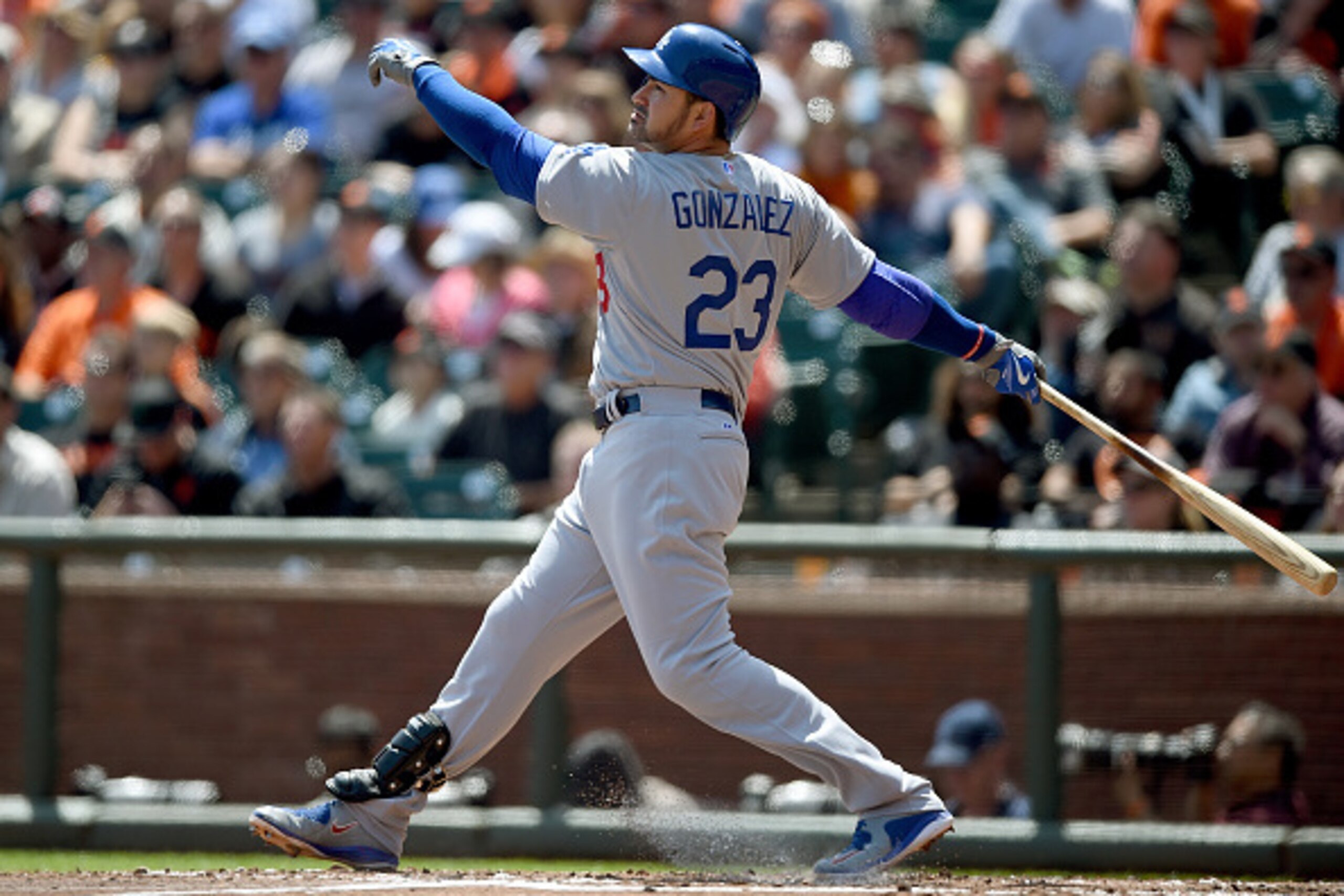 SAN FRANCISCO, CA - APRIL 23: Adrian Gonzalez #23 of the Los Angeles Dodgers swings and watches the flight of his ball as he hits a solo home run in the top of the third inning at AT&T Park on April 23, 2015 in San Francisco, California. (Photo by Thear SAN FRANCISCO, CA - APRIL 23: Adrian Gonzalez #23 of the Los Angeles Dodgers swings and watches the flight of his ball as he hits a solo home run in the top of the third inning at AT&T Park on April 23, 2015 in San Francisco, California. (Photo by Thear