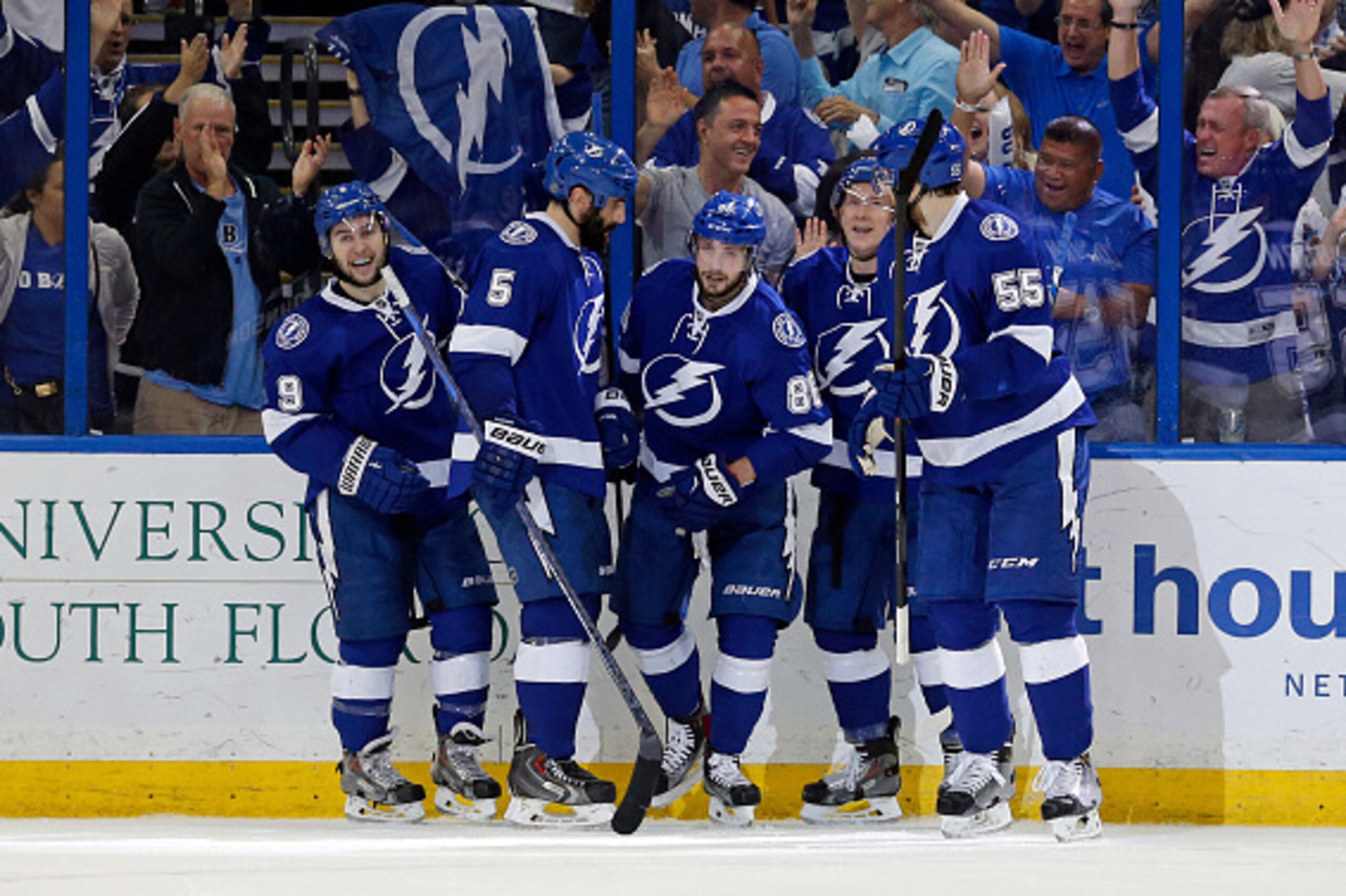 TAMPA, FL - MAY 12: Nikita Kucherov #86 of the Tampa Bay Lightning (C) celebrates his goal against the Montreal Canadiens with teammates Tyler Johnson #9, Jason Garrison #5, Ondrej Palat #18, and Braydon Coburn #55 in Game Six of the Eastern Conference Se TAMPA, FL - MAY 12: Nikita Kucherov #86 of the Tampa Bay Lightning (C) celebrates his goal against the Montreal Canadiens with teammates Tyler Johnson #9, Jason Garrison #5, Ondrej Palat #18, and Braydon Coburn #55 in Game Six of the Eastern Conference Se