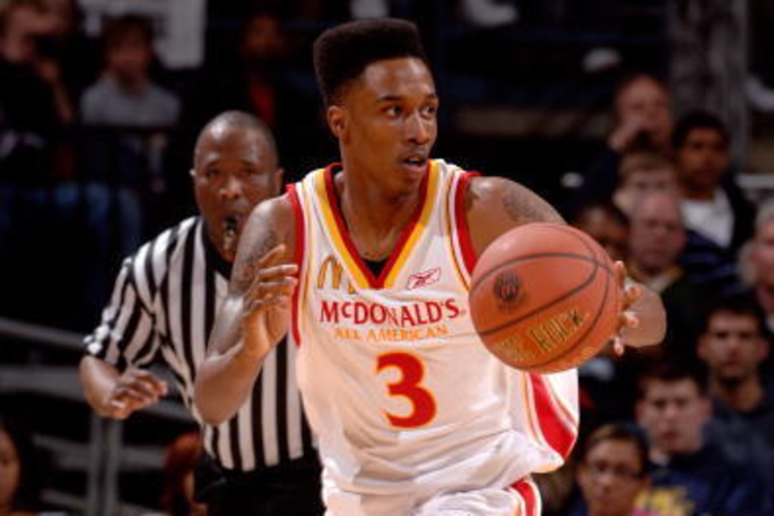 MILWAUKEE - MARCH 26:  Brandon Jennings #3 of the West team drives upcourt during the McDonald's All-American High School game against the East team on March 26, 2008 at the Bradley Center in Milwaukee, Wisconsin. The East won 107-102. NOTE TO USER: User 