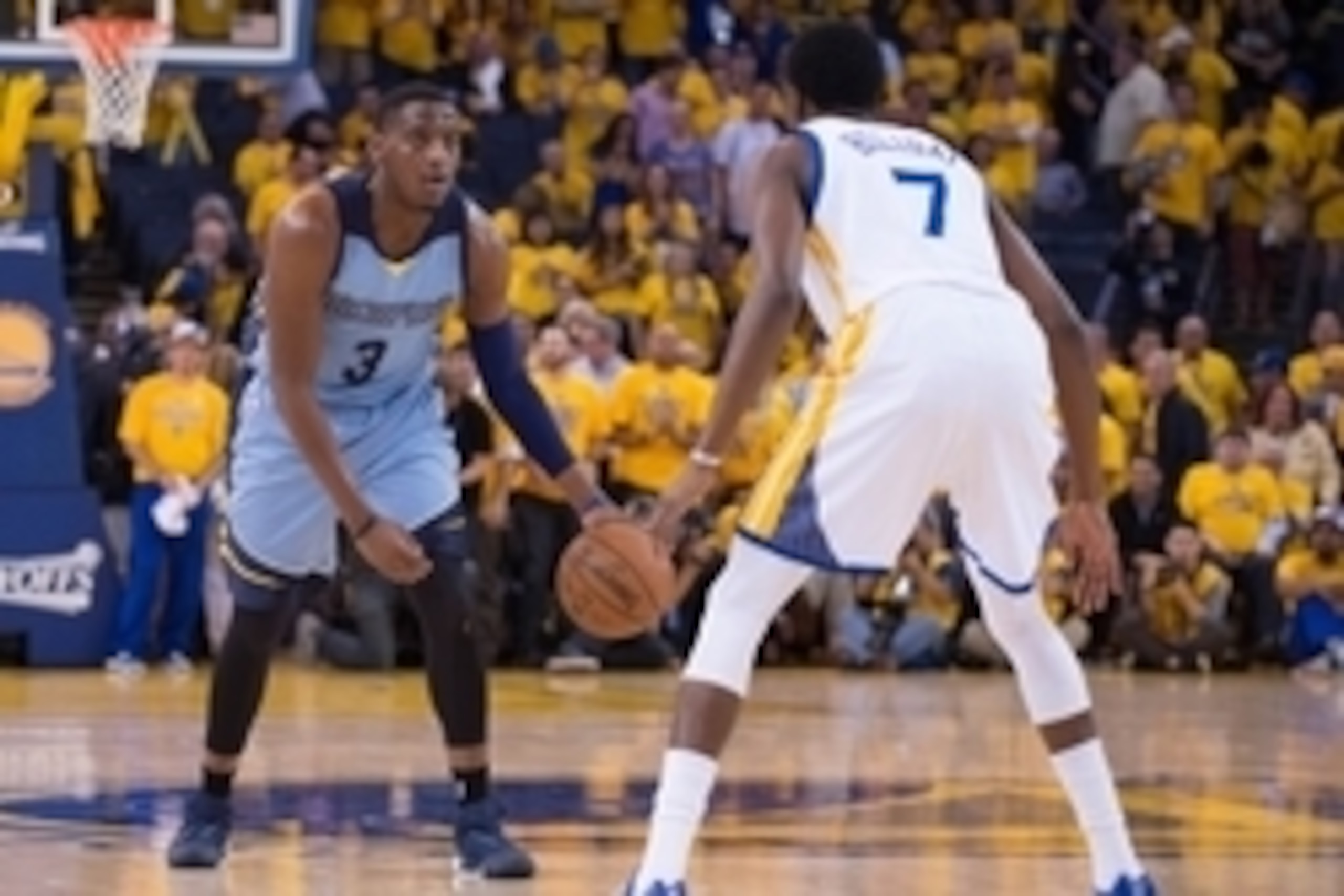 May 13, 2015; Oakland, CA, USA; Memphis Grizzlies guard Jordan Adams (3) dribbles the basketball against Golden State Warriors guard Justin Holiday (7) during the fourth quarter in game five of the second round of the NBA Playoffs at Oracle Arena. The War