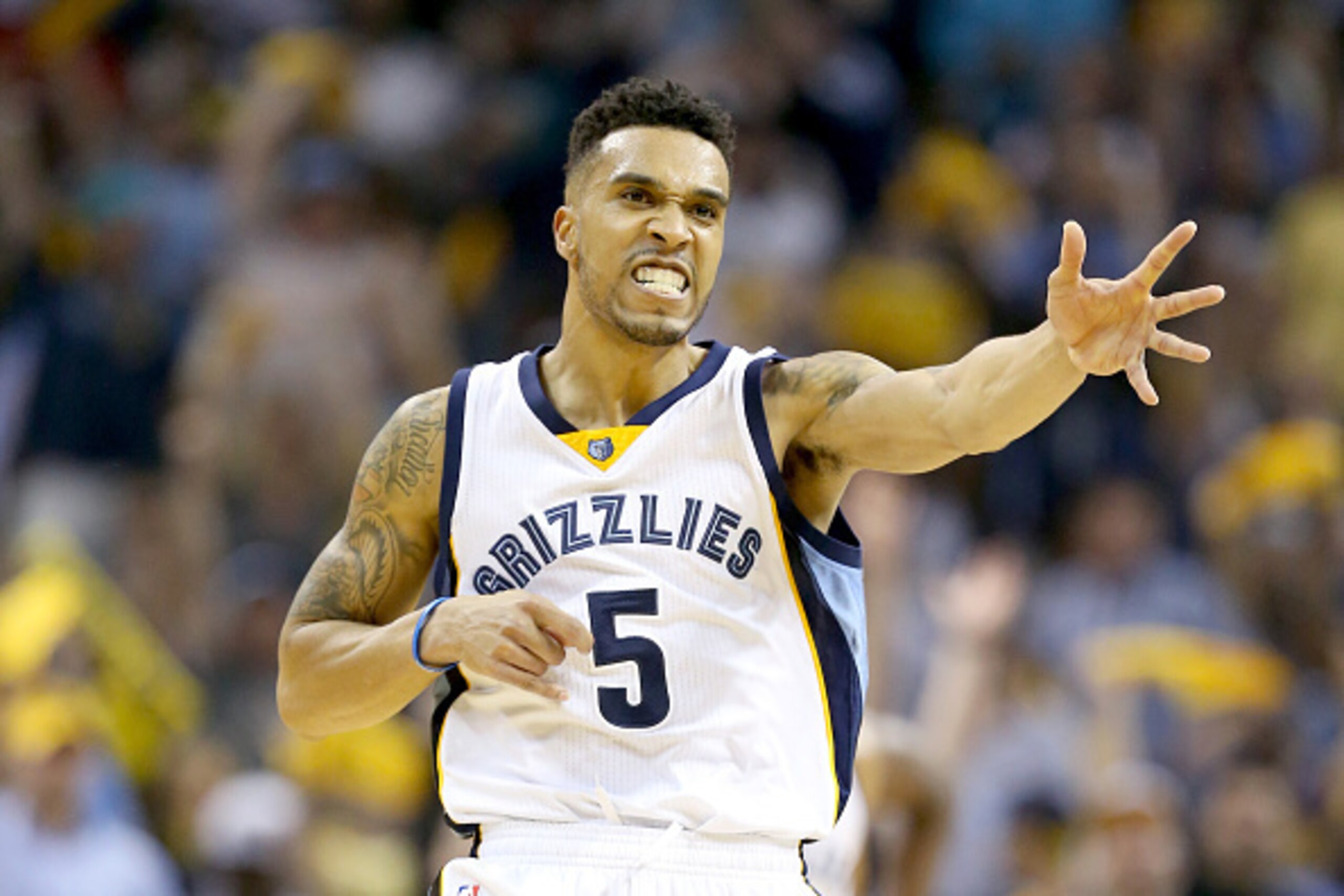 MEMPHIS, TN - MAY 09:  Courtney Lee #5 of the Memphis Grizzlies celebrates after making a basket against the Golden State Warriors during Game three of the Western Conference Semifinals of the 2015 NBA Playoffs at FedExForum on May 9, 2015 in Memphis, Ten