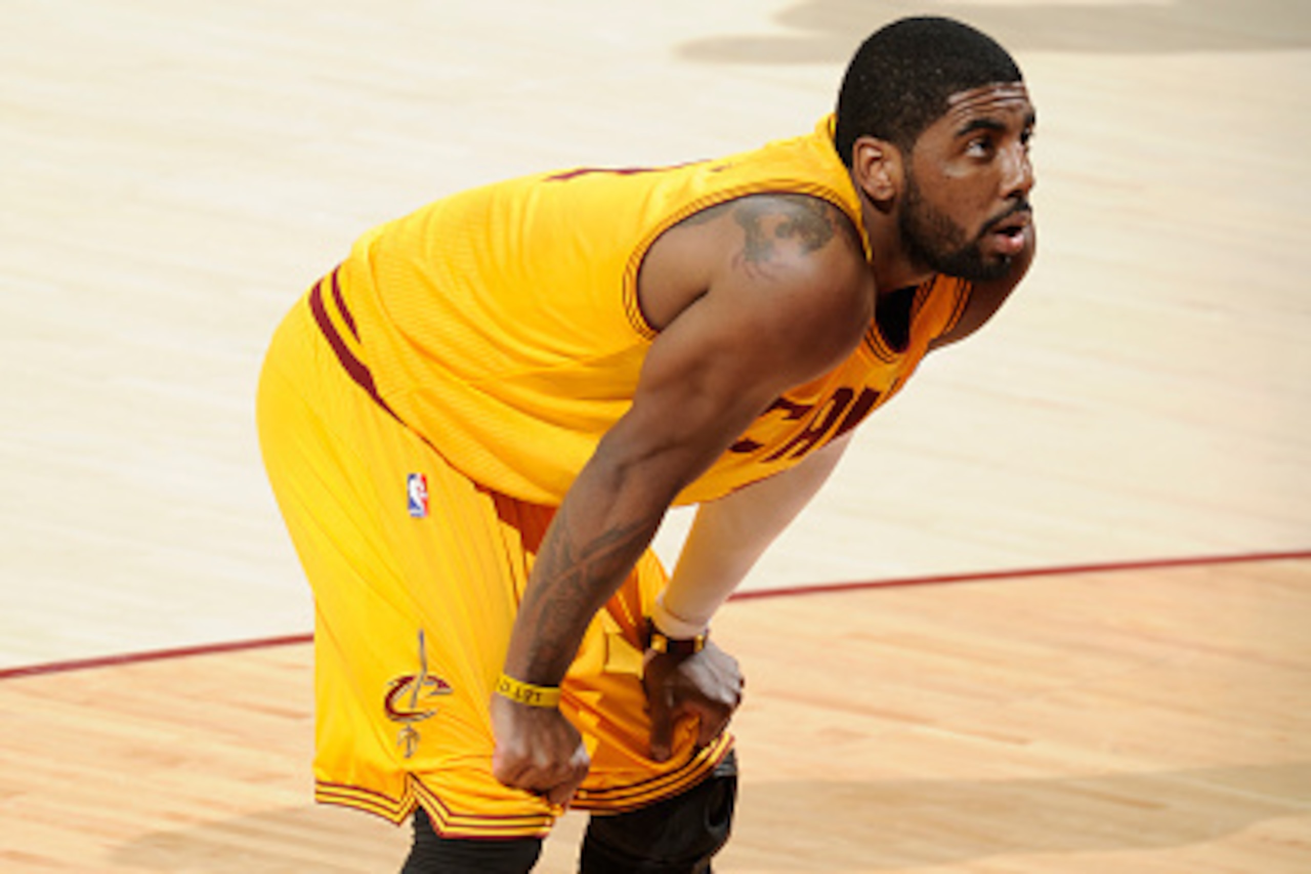 CLEVELAND, OH - MAY 26: Kyrie Irving #2 of the Cleveland Cavaliers stands on the court during a game against the Atlanta Hawks in Game Four of the Eastern Conference Finals during the 2015 NBA Playoffs at The Quicken Loans Arena on May 26, 2015 in Clevela