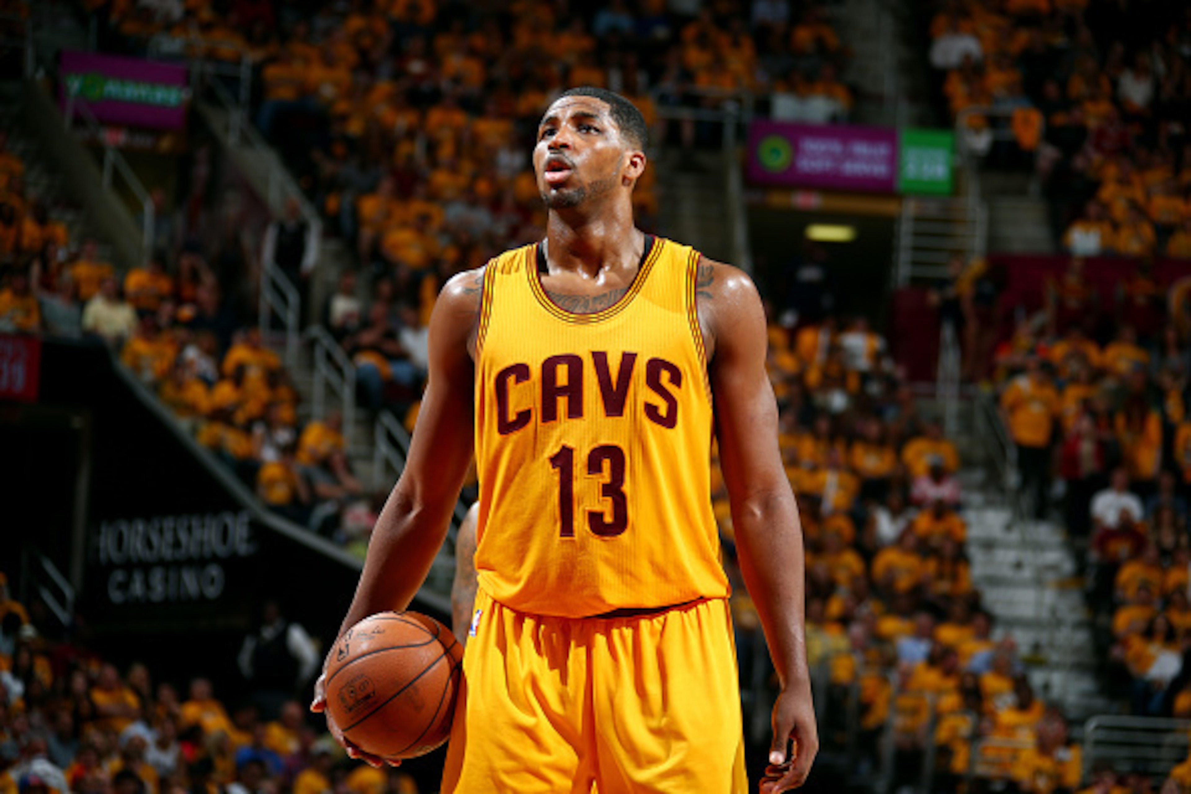 CLEVELAND, OH - MAY 26: Tristan Thompson #13 of the Cleveland Cavaliers attempts a free throw against the Atlanta Hawks in Game Four of the Eastern Conference Finals during the 2015 NBA Playoffs on May 26, 2015 at Quicken Loans Arena in Cleveland, Ohio.  