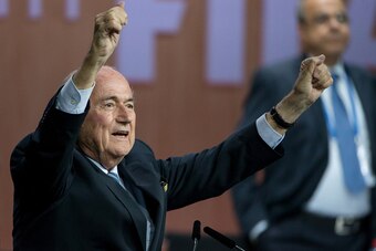ZURICH, SWITZERLAND - MAY 29: FIFA President Joseph S. Blatter celebrates his election during the 65th FIFA Congress at Hallenstadion on May 29, 2015 in Zurich, Switzerland. (Photo by Philipp Schmidli/Getty Images)