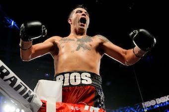 BROOMFIELD, CO - JANUARY 24:  Brandon Rios celebrates after his fight against Mike Alvarado during a WBO International Welterweight Title fight at First Bank Center on January 24, 2015 in Broomfield, Colorado. Rios won by TKO at the start of the fourth ro