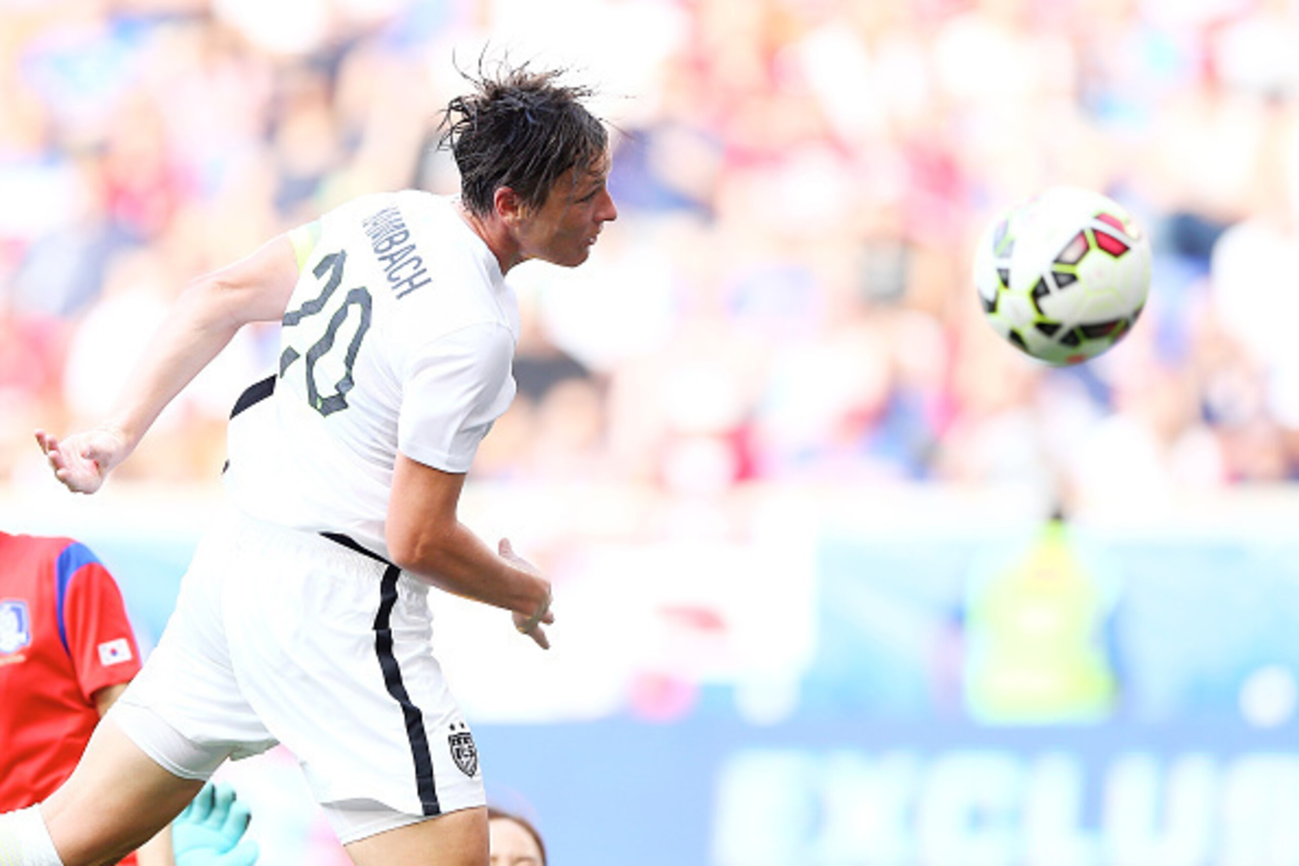 HARRISON, NJ - MAY 30:  Abby Wambach #20 of United States heads the ball but is unable to score in the first half during an international friendly match at Red Bull Arena on May 30, 2015 in Harrison, New Jersey.  (Photo by Elsa/Getty Images)