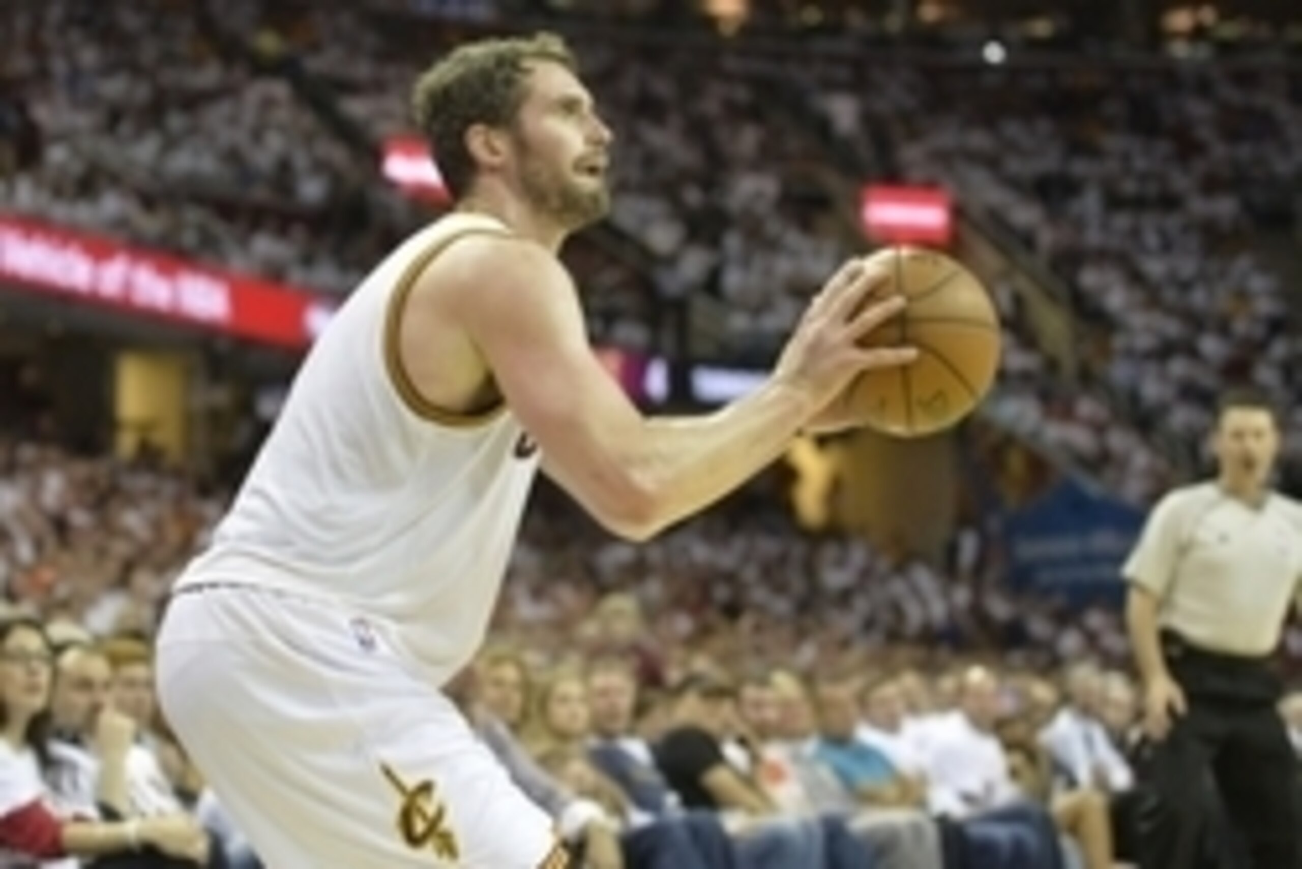 Apr 19, 2015; Cleveland, OH, USA; Cleveland Cavaliers forward Kevin Love (0) shoots in the second quarter against the Boston Celtics in game one of the first round of the NBA Playoffs at Quicken Loans Arena. Mandatory Credit: David Richard-USA TODAY Sport