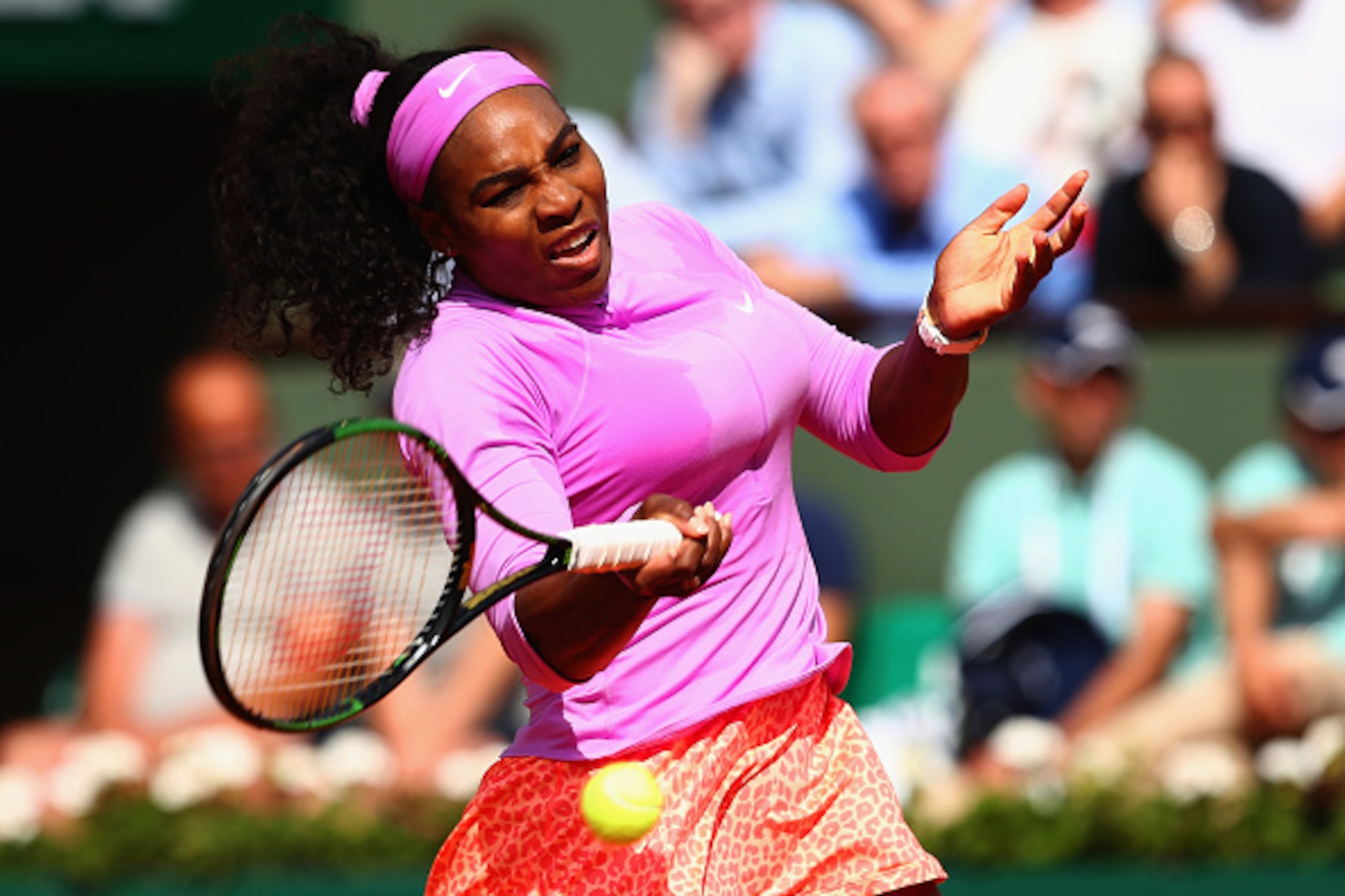 PARIS, FRANCE - JUNE 01:  Serena Williams of the United States returns a shot in her Women's Singles match against Sloane Stephens of the United States on day nine of the 2015 French Open at Roland Garros on June 1, 2015 in Paris, France.  (Photo by Clive