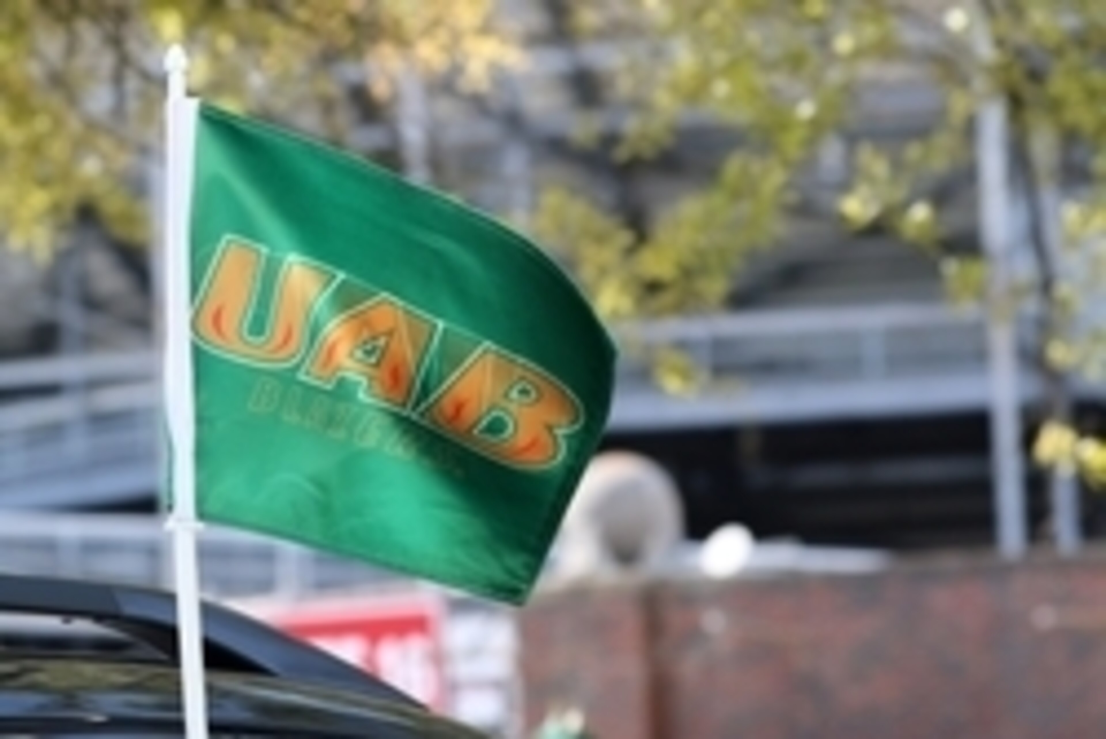 Apr 11, 2015; Birmingham, AL, USA; Support is shown for UAB outside Legion Field prior to the Sons of UAB alumni flag football game at Legion Field. While other schools around the country are planning spring scrimmages for their current teams and fans, fo