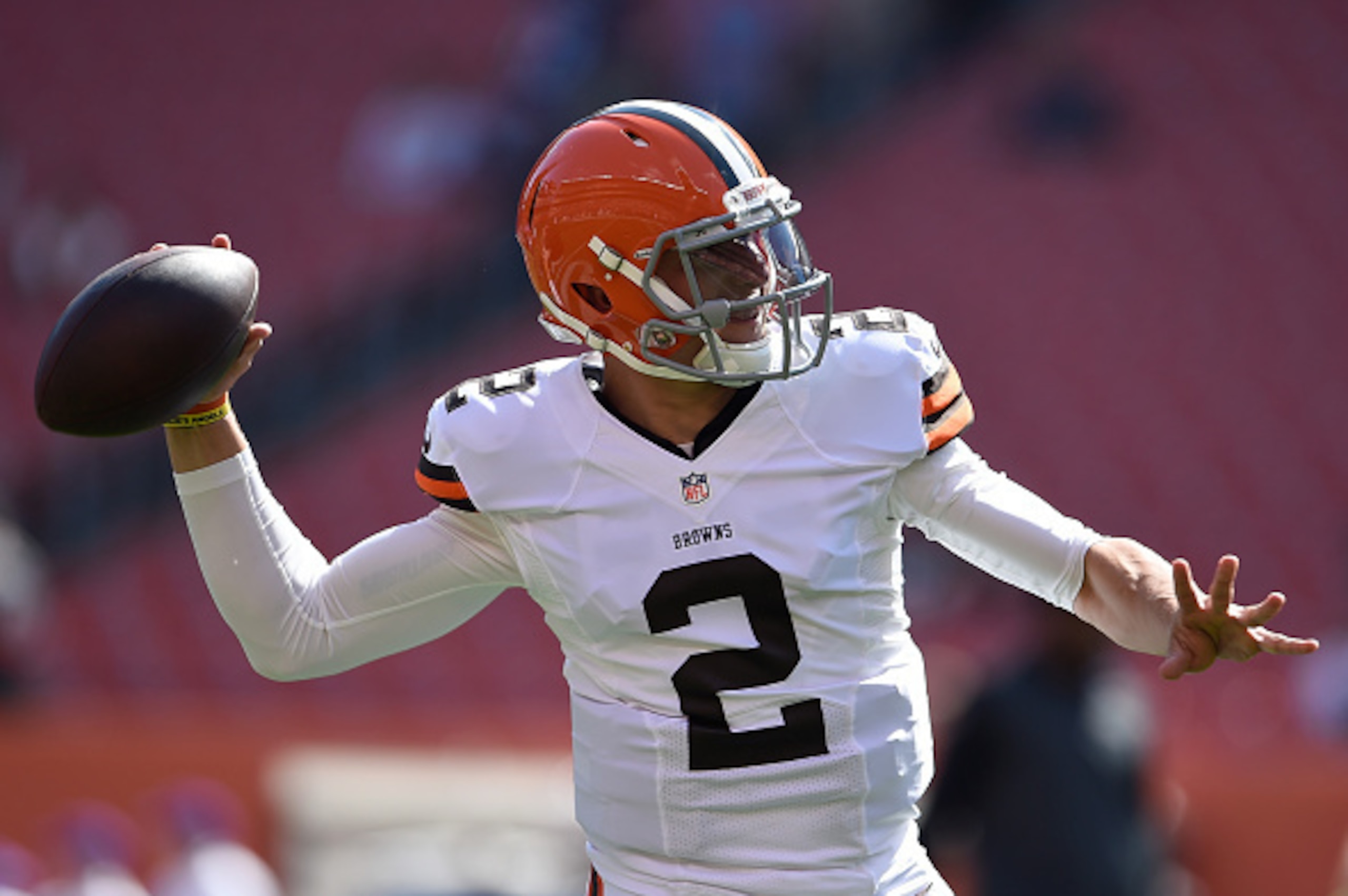 CLEVELAND, OH - SEPTEMBER 21:  Johnny Manziel #2 of the Cleveland Browns throws a pass during warmups prior to the game against the Baltimore Ravens at FirstEnergy Stadium on September 21, 2014 in Cleveland, Ohio.  (Photo by Jason Miller/Getty Images)