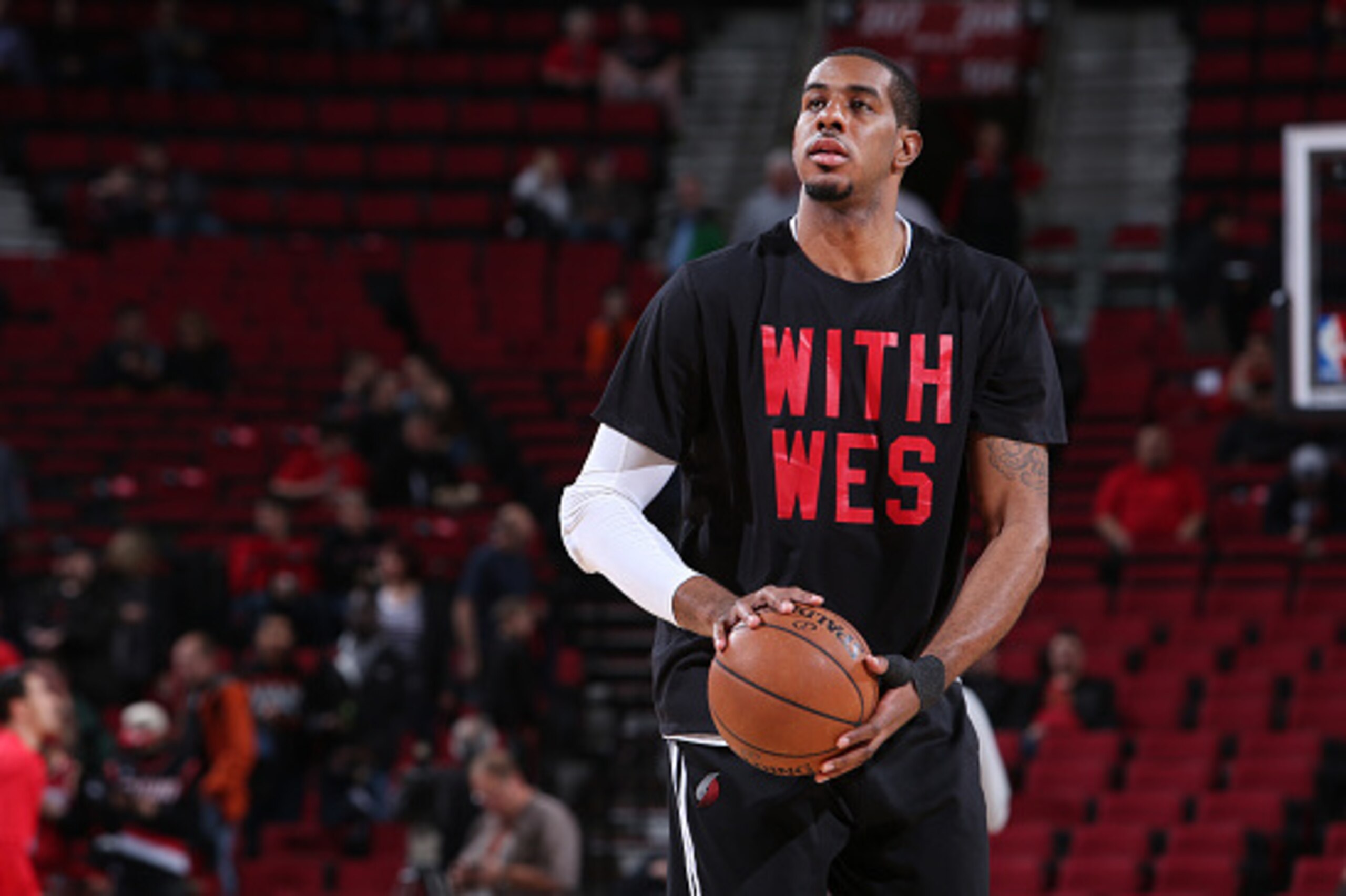PORTLAND, OR - MARCH 11: LaMarcus Aldridge #12 of the Portland Trail Blazers warms up before the game against the Houston Rockets on March 11, 2015 at the Moda Center Arena in Portland, Oregon. NOTE TO USER: User expressly acknowledges and agrees that, by