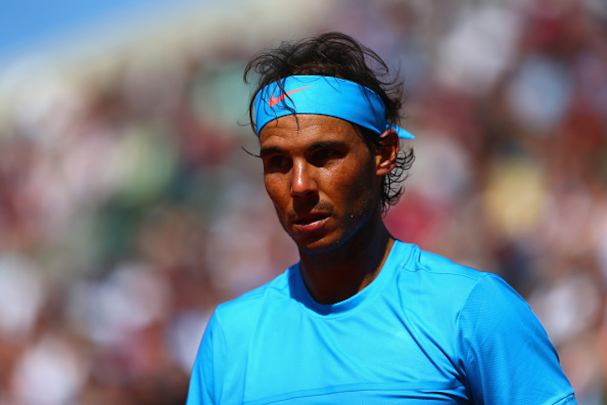 PARIS, FRANCE - MAY 30:  Rafael Nadal of Spain looks on in his Men's Singles match against Andrey Kuznetsov of Russia on day seven of the 2015 French Open at Roland Garros on May 30, 2015 in Paris, France.  (Photo by Clive Mason/Getty Images)