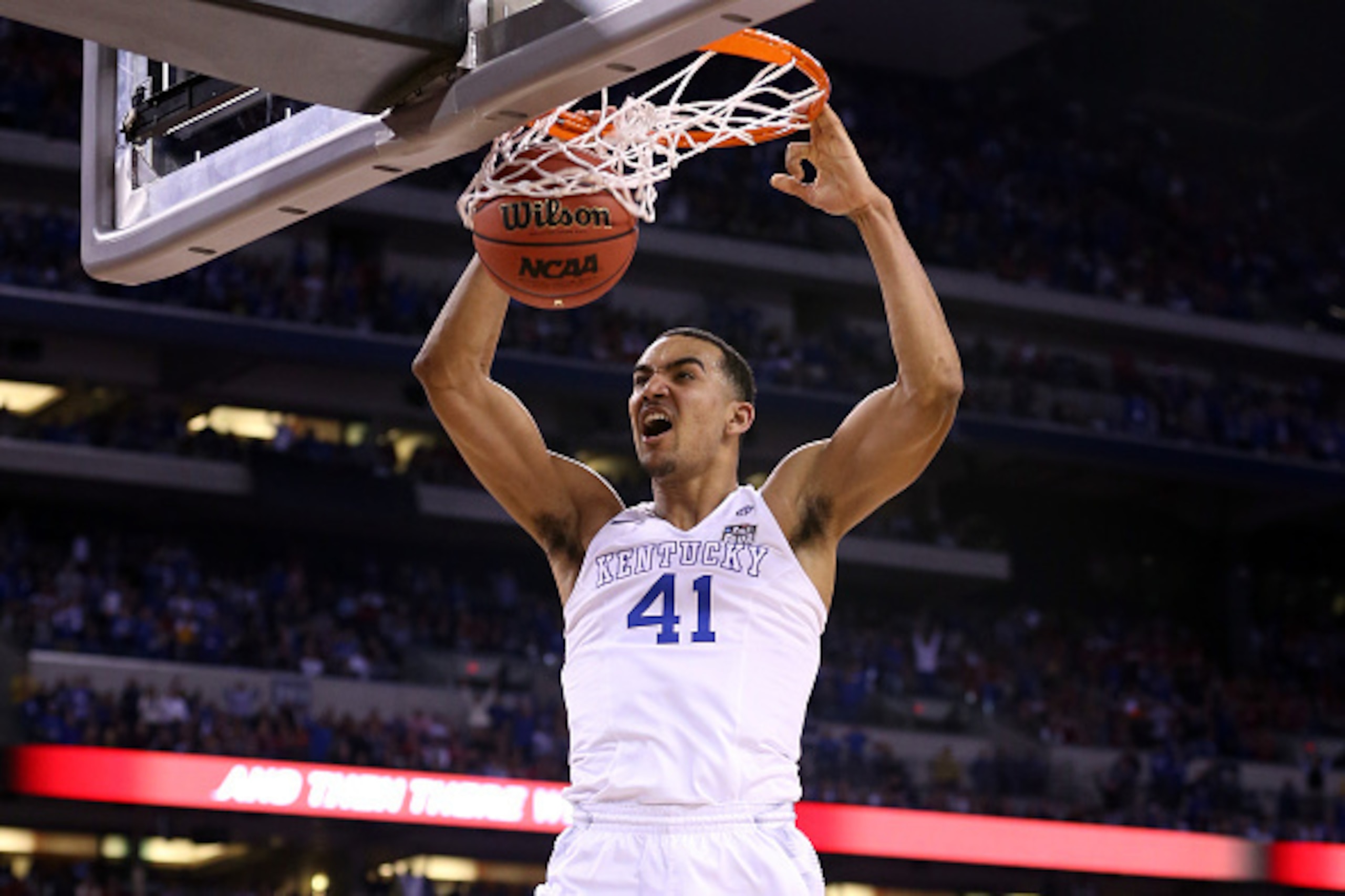 INDIANAPOLIS, IN - APRIL 04:  Trey Lyles #41 of the Kentucky Wildcats goes up for a dunk late in the first half against the Wisconsin Badgers during the NCAA Men's Final Four Semifinal at Lucas Oil Stadium on April 4, 2015 in Indianapolis, Indiana.  (Phot