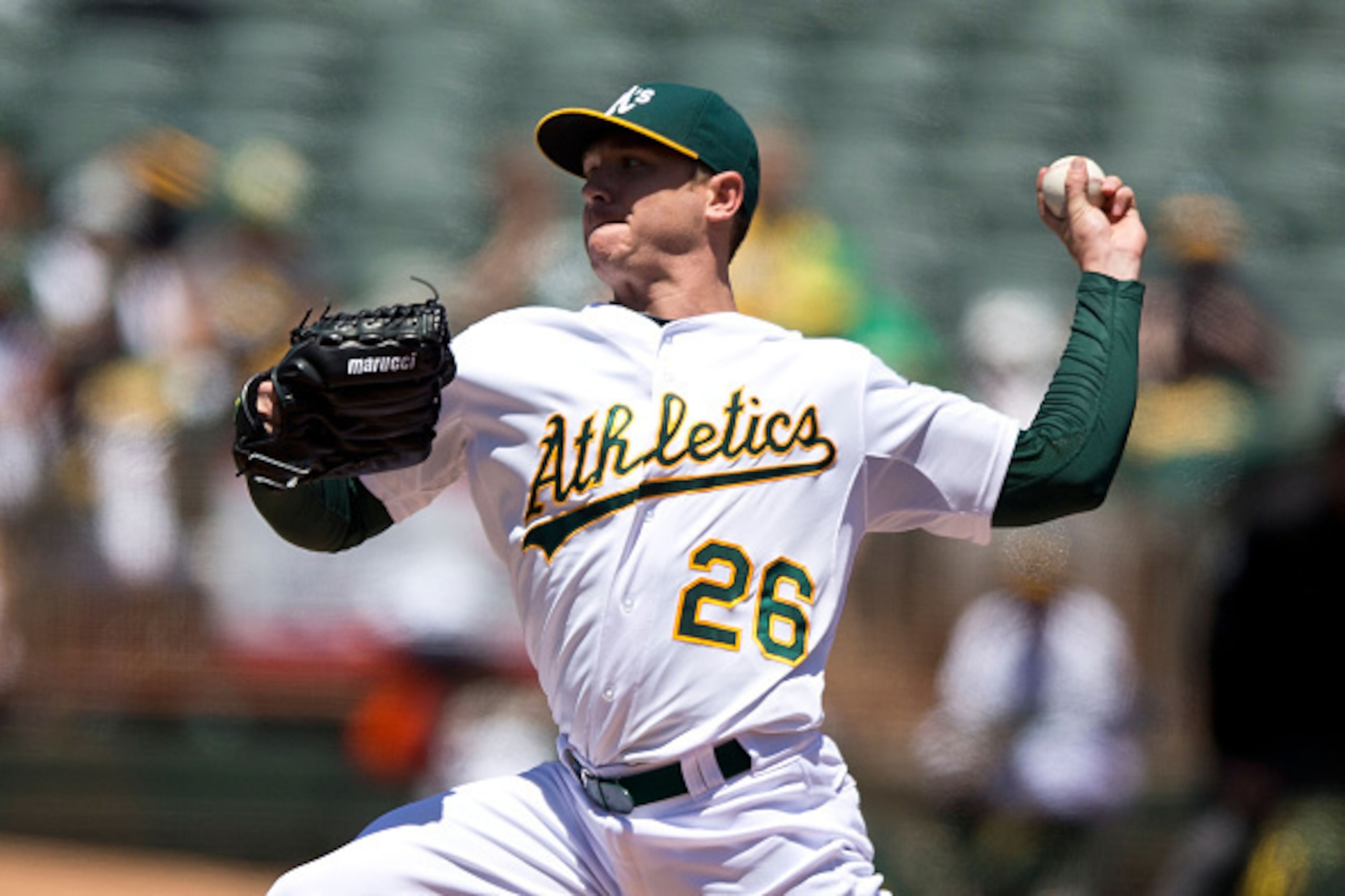 OAKLAND, CA - MAY 27:  Scott Kazmir #26 of the Oakland Athletics pitches against the Detroit Tigers during the second inning at O.co Coliseum on May 27, 2015 in Oakland, California. (Photo by Jason O. Watson/Getty Images)