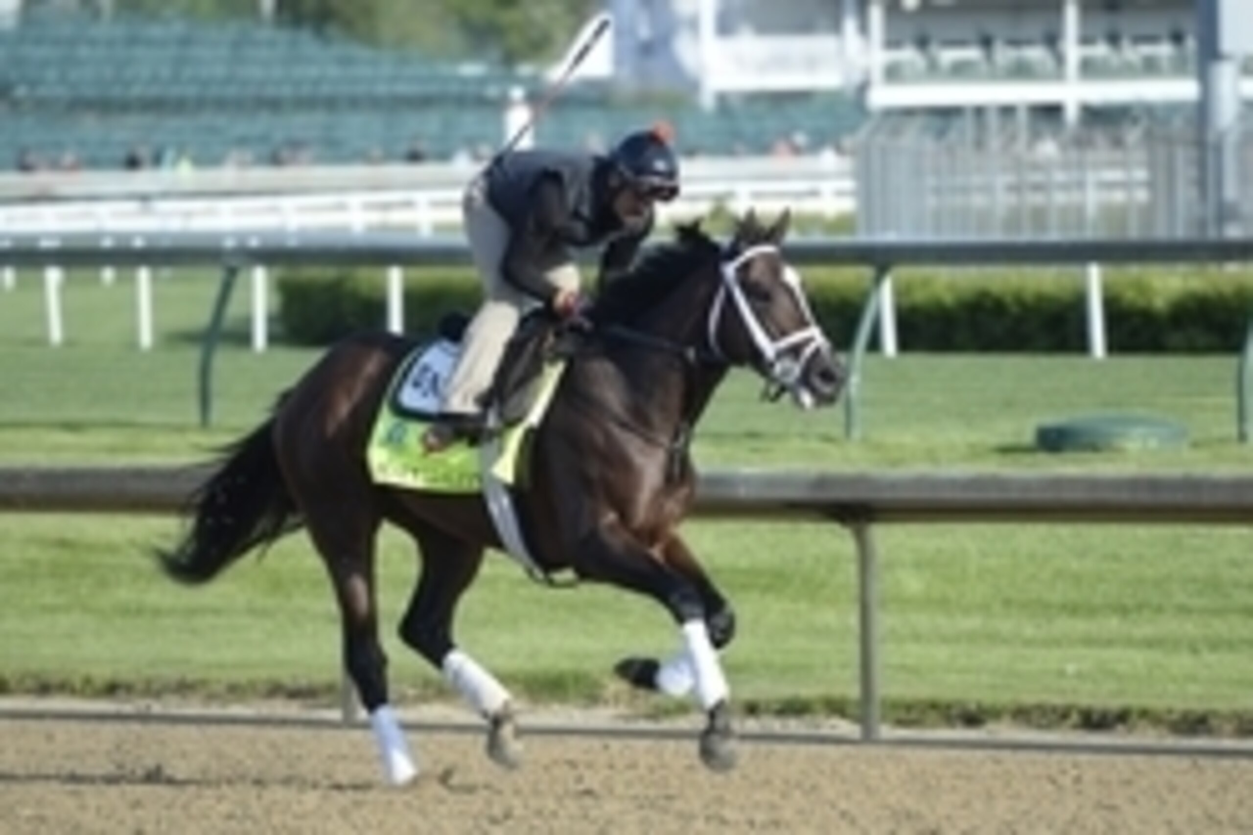 Apr 29, 2015; Louisville, KY, USA; An exercise rider works out Kentucky Derby hopeful Materiality trained by Todd Pletcher at Churchill Downs. Mandatory Credit: Jamie Rhodes-USA TODAY Sports