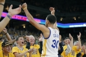 May 21, 2015; Oakland, CA, USA; Golden State Warriors guard Stephen Curry (30) reacts during the 99-98 victory against the Houston Rockets during the second half in game two of the Western Conference Finals of the NBA Playoffs. at Oracle Arena. Mandatory 