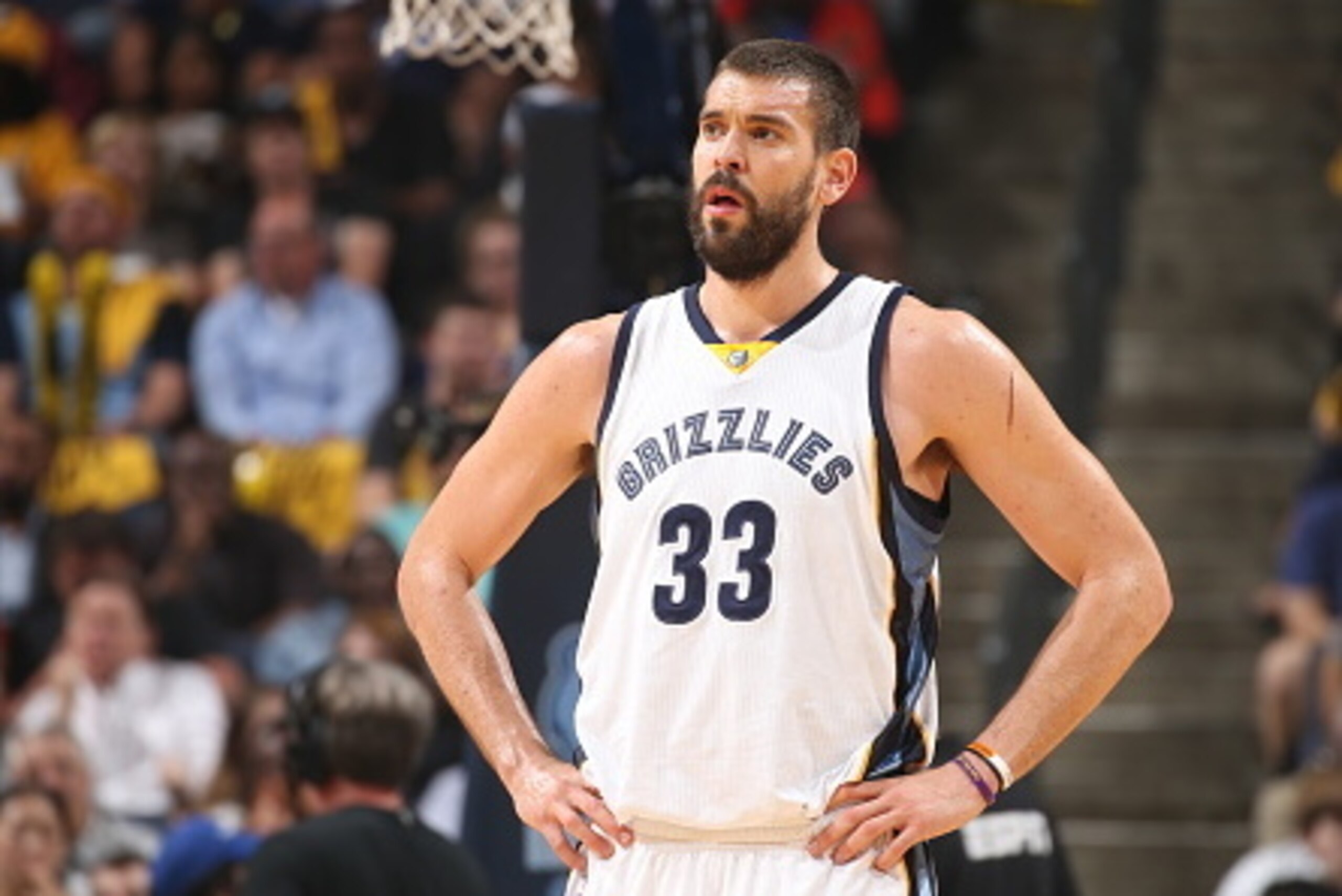 MEMPHIS, TN - MAY 15: Marc Gasol #33 of the Memphis Grizzlies stands on the court during a game against the Golden State Warriors in Game Six of the Western Conference Semifinals of the NBA Playoffs at FedExForum on May 15, 2015 in Memphis, Tennessee. NOT