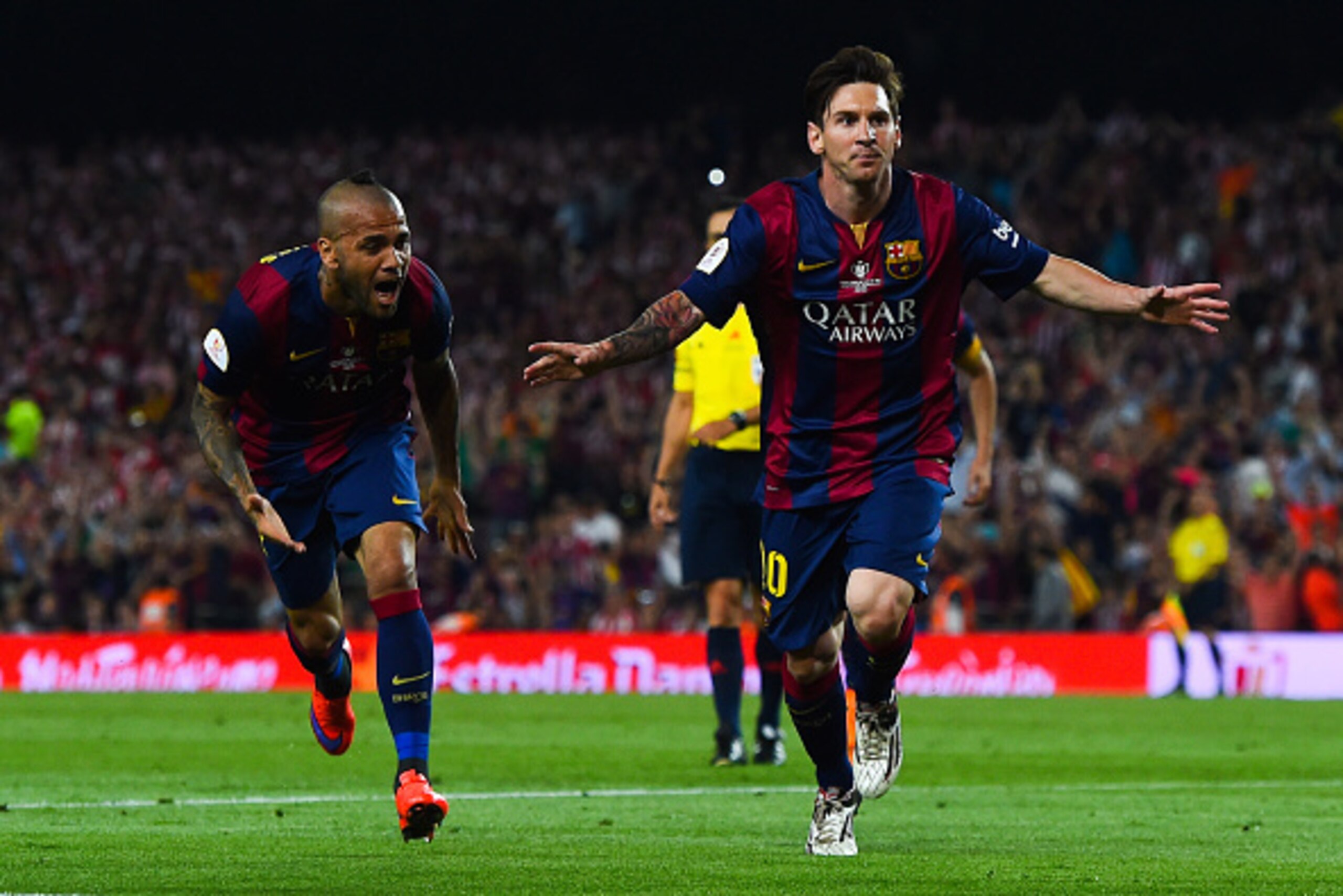 BARCELONA, SPAIN - MAY 30:  Lionel Messi of FC Barcelona celebrates after scoring the opening goal during the Copa del Rey Final match between FC Barcelona and Athletic Club at Camp Nou on May 30, 2015 in Barcelona, Spain.  (Photo by David Ramos/Getty Ima