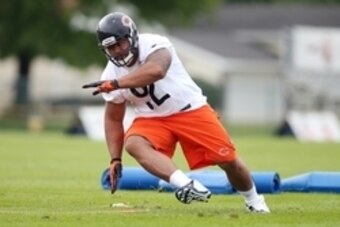 Jul 25, 2014; Chicago, IL, USA; Chicago Bears defensive tackle Stephen Paea goes through a drill during training camp at Olivet Nazarene University. Mandatory Credit: Jerry Lai-USA TODAY Sports