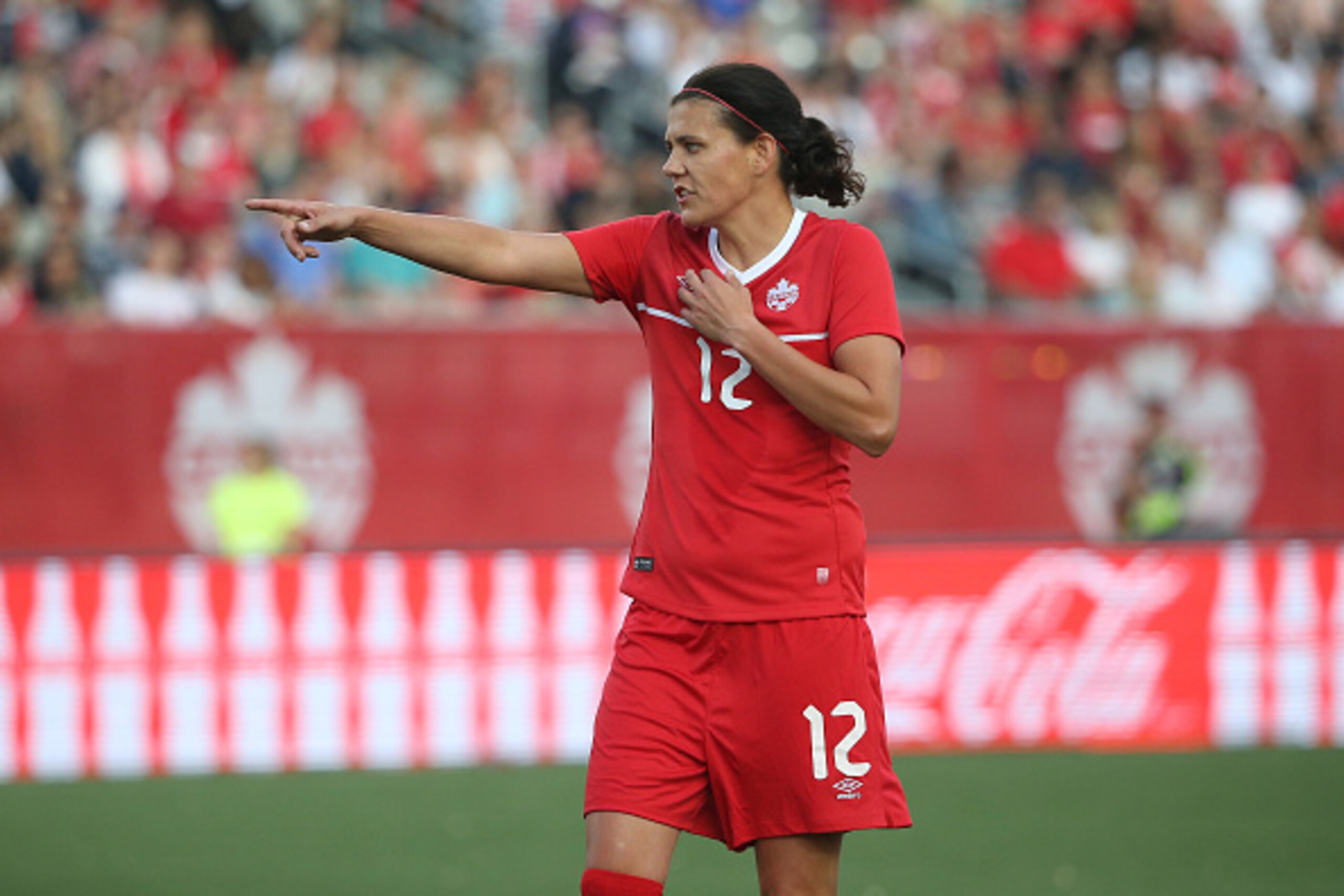 HAMILTON, CANADA - MAY 29: Christine Sinclair #12 of Canada during the match against England during their Womenâs International Friendly match on May 29, 2015 at Tim Hortons Field in Hamilton, Ontario, Canada. (Photo by Tom Szczerbowski/Getty Images)