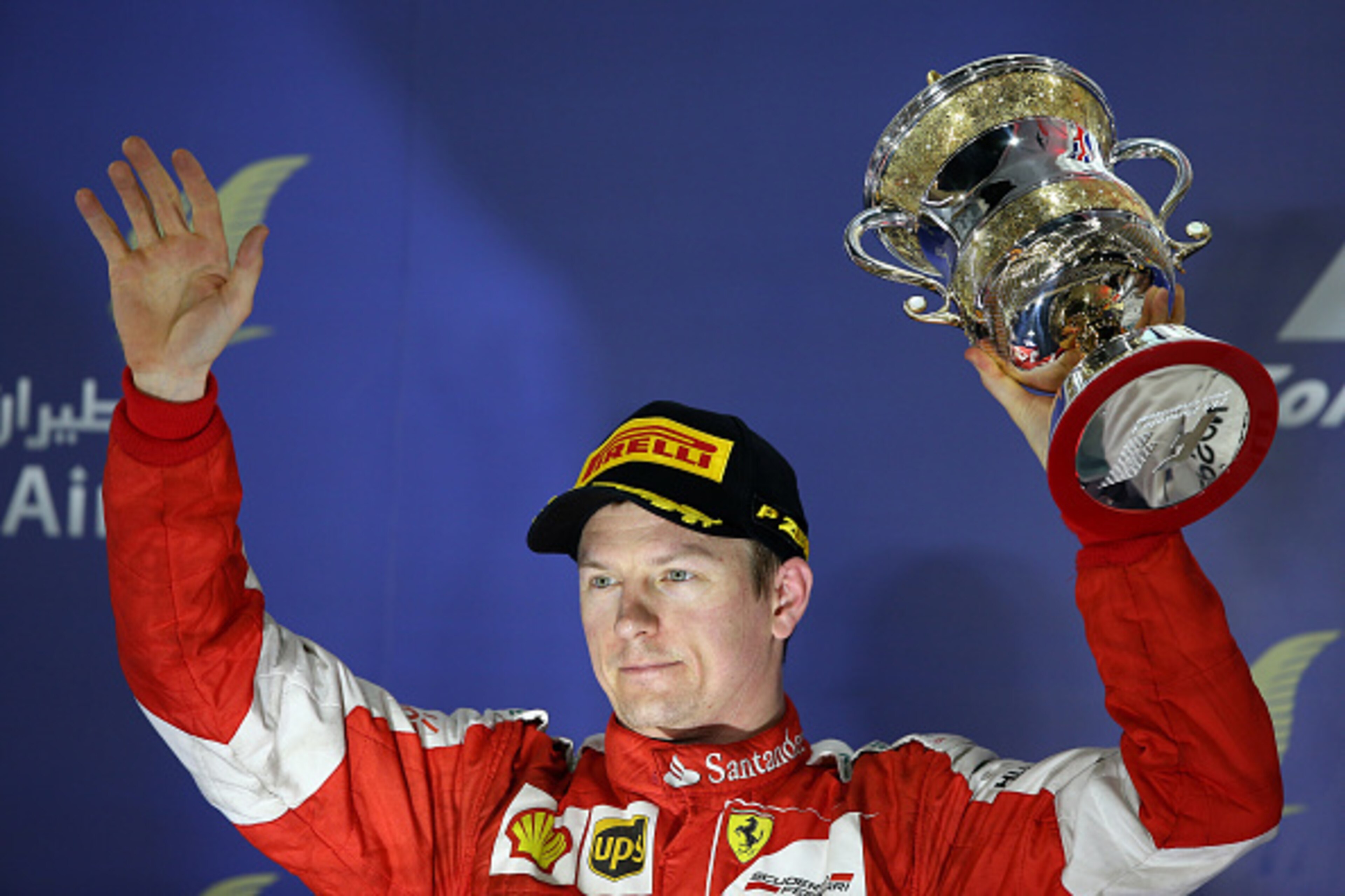 BAHRAIN, BAHRAIN - APRIL 19: Kimi Raikkonen of Finland and Ferrari celebrates on the podium after finishing second in the Bahrain Formula One Grand Prix at Bahrain International Circuit on April 19, 2015 in Bahrain, Bahrain. (Photo by Clive Mason/Getty BAHRAIN, BAHRAIN - APRIL 19: Kimi Raikkonen of Finland and Ferrari celebrates on the podium after finishing second in the Bahrain Formula One Grand Prix at Bahrain International Circuit on April 19, 2015 in Bahrain, Bahrain. (Photo by Clive Mason/Getty