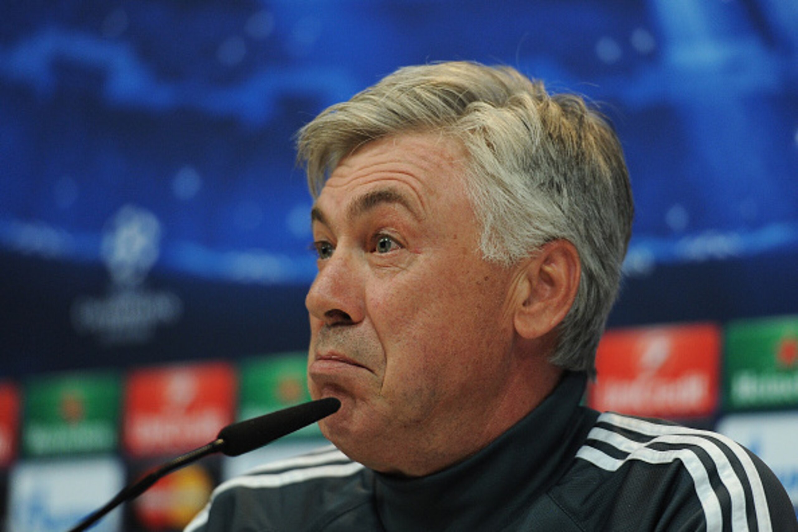 MADRID, SPAIN - APRIL 21:  Head coach Carlo Ancelotti of Real Madrid takes in a question during his press conference at Valdebebas grounds ahead of the UEFA Champions League Quarter Final, Second Leg match on April 21, 2015 in Madrid, Spain.  (Photo by De