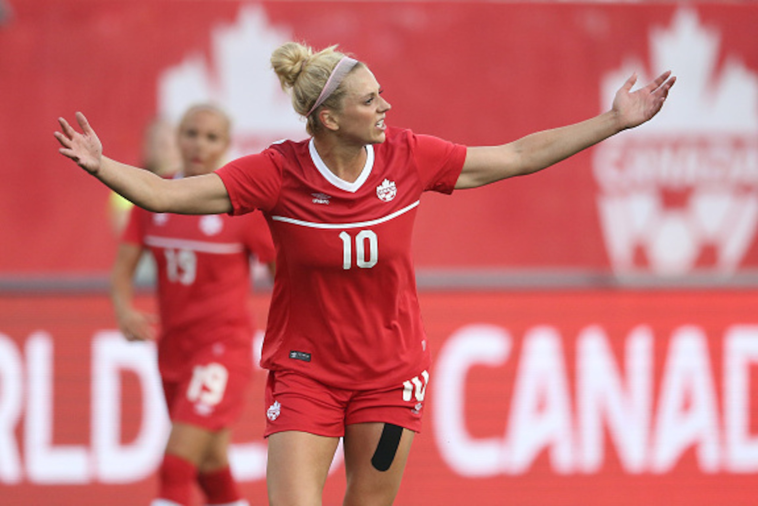 HAMILTON, CANADA - MAY 29: Lauren Sesselmann #10 of Canada reacts against England during their Women's International Friendly match on May 29, 2015 at Tim Hortons Field in Hamilton, Ontario, Canada. (Photo by Tom Szczerbowski/Getty Images)