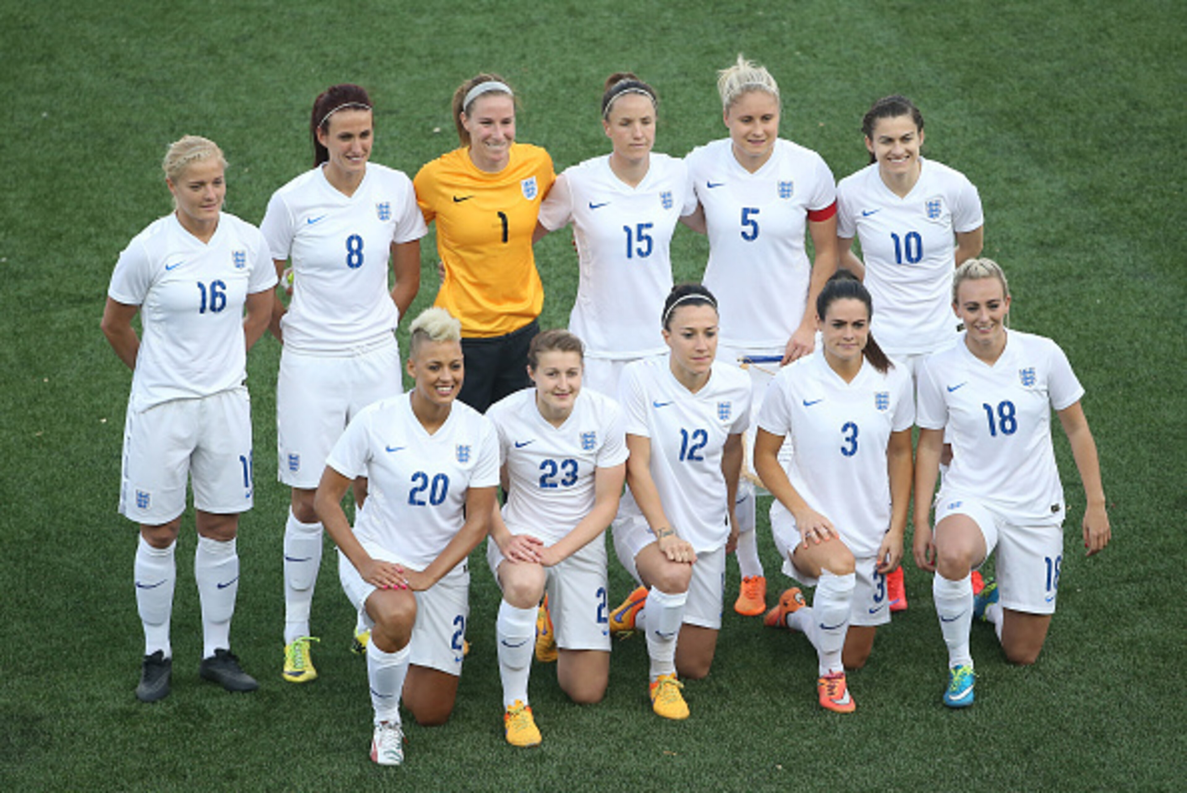 HAMILTON, CANADA - MAY 29: Players from England pose for a team photo before the start of their match against Canada during their Women's International Friendly match on May 29, 2015 at Tim Hortons Field in Hamilton, Ontario, Canada. (Photo by Tom Szczerb