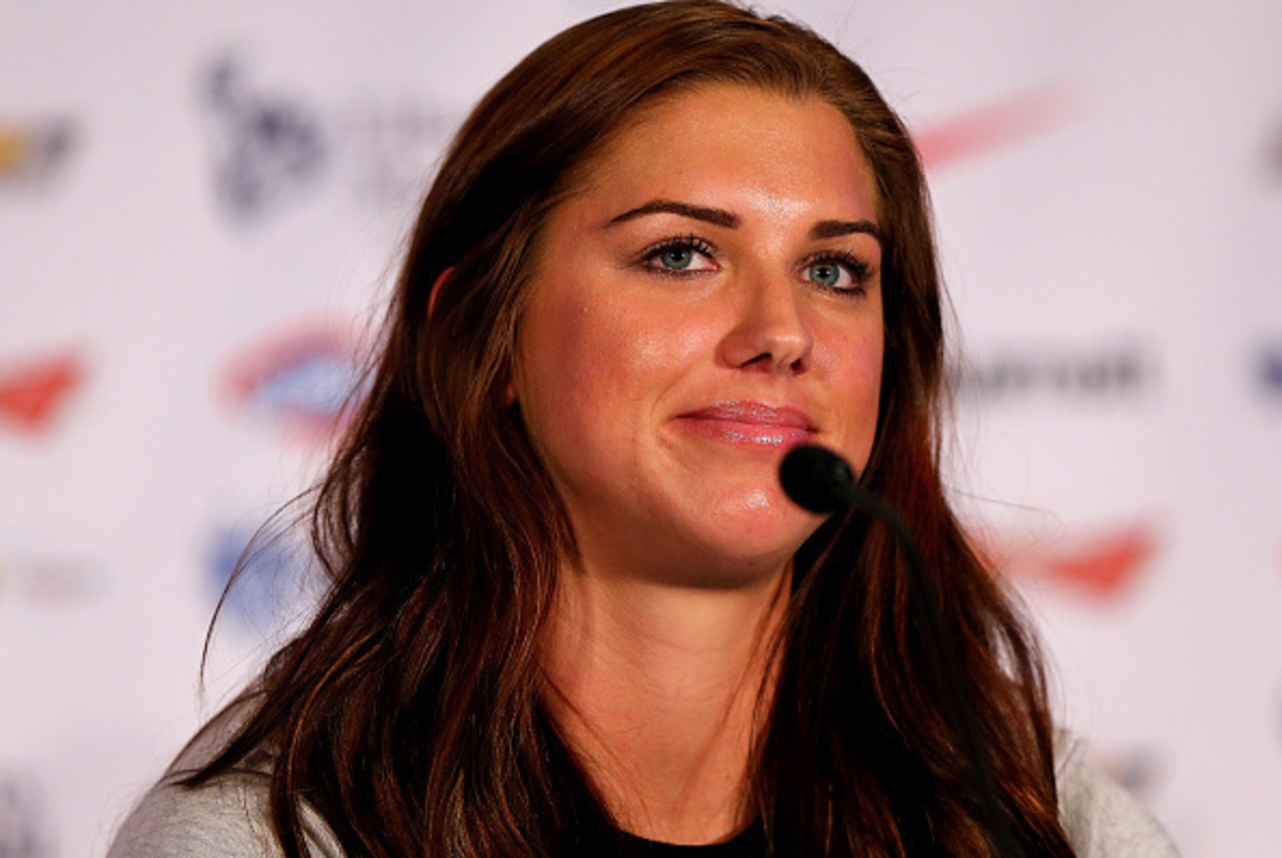 NEW YORK, NY - MAY 27:  Alex Morgan answers questions during the United States Women's World Cup Media Day at Marriott Marquis Hotel on May 27, 2015 in New York City.  (Photo by Elsa/Getty Images)