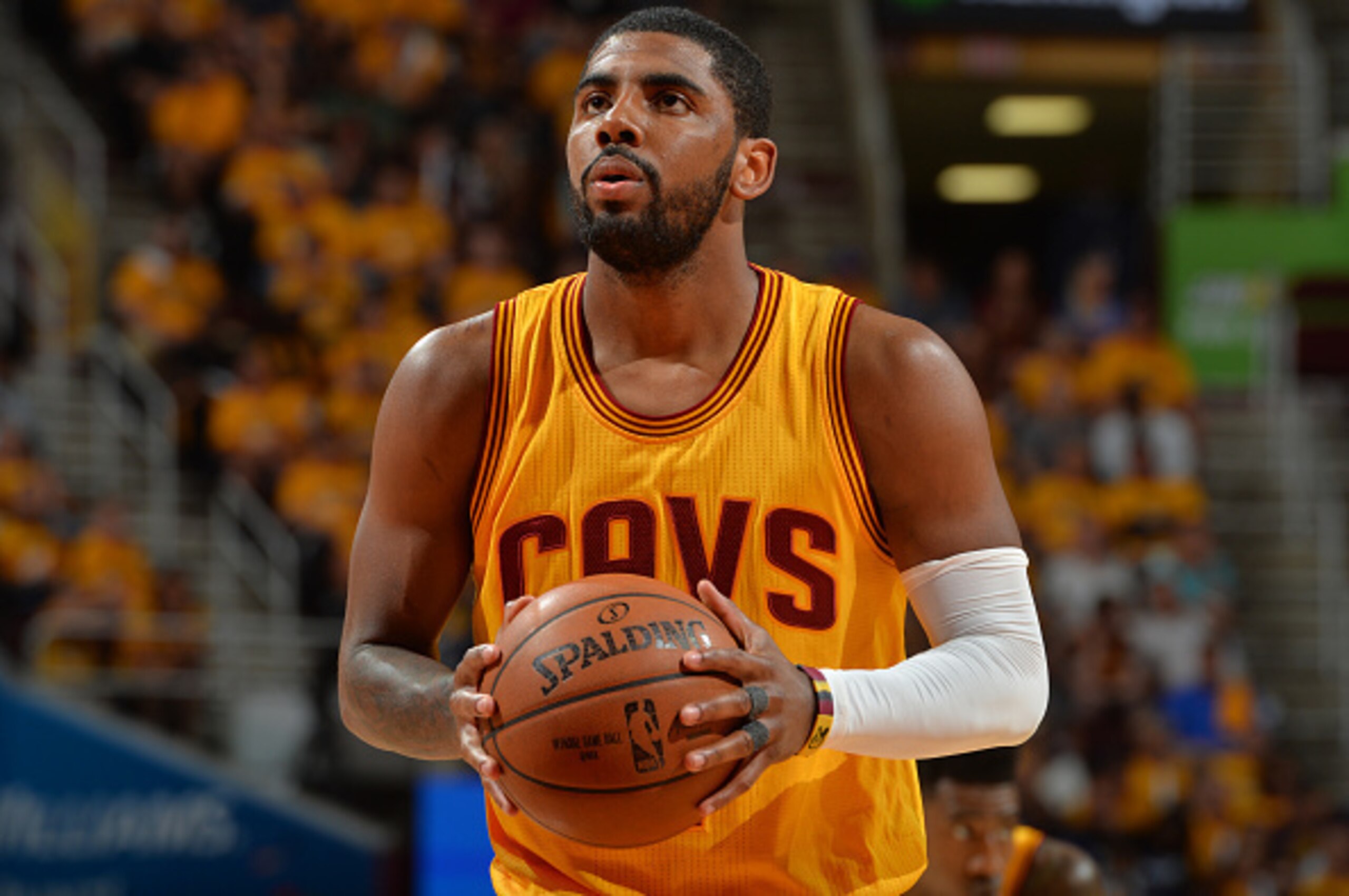 CLEVELAND,OH - MAY 26:  Kyrie Irving #2 of the Cleveland Cavaliers shoots the ball against the Atlanta Hawks at the Quicken Loans Arena During Game Four of the Eastern Conference Finals during the 2015 NBA Playoffs on May 26, 2015 in Cleveland,Ohio NOTE T